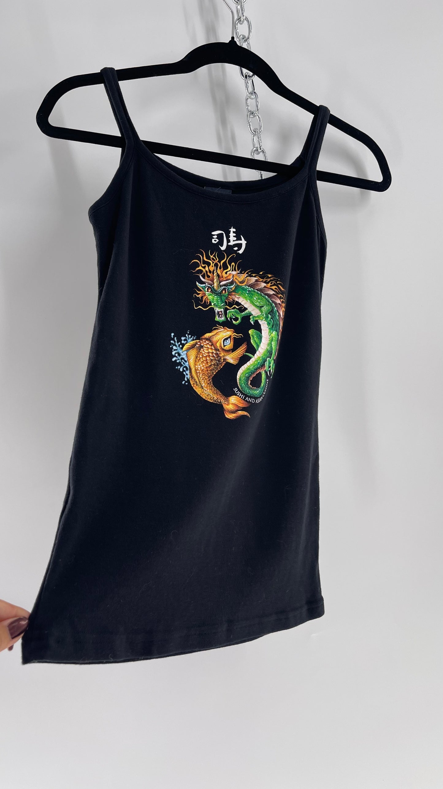 Vintage 90s The Hook Up Black Tank with Dragon and Koi Graphic (Medium)