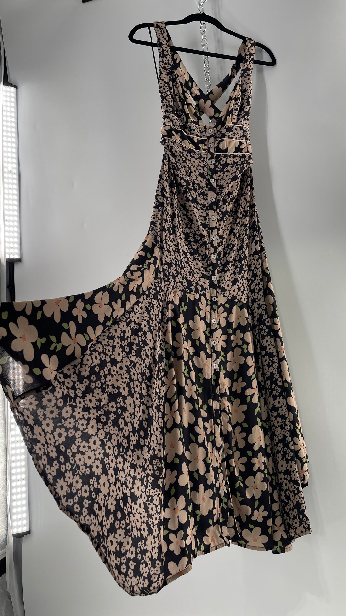 Free People Daisy Mixed Pattern Black/Beige Button Front Full Length Dress (XS)