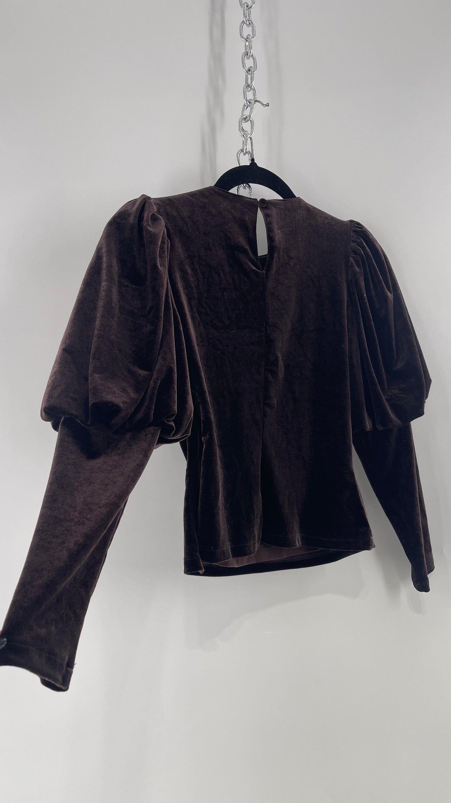 Anthropologie Sundays in Brooklyn Dark Brown Puff Shoulder, High Neck, Juliette Sleeve Blouse (XXSP)