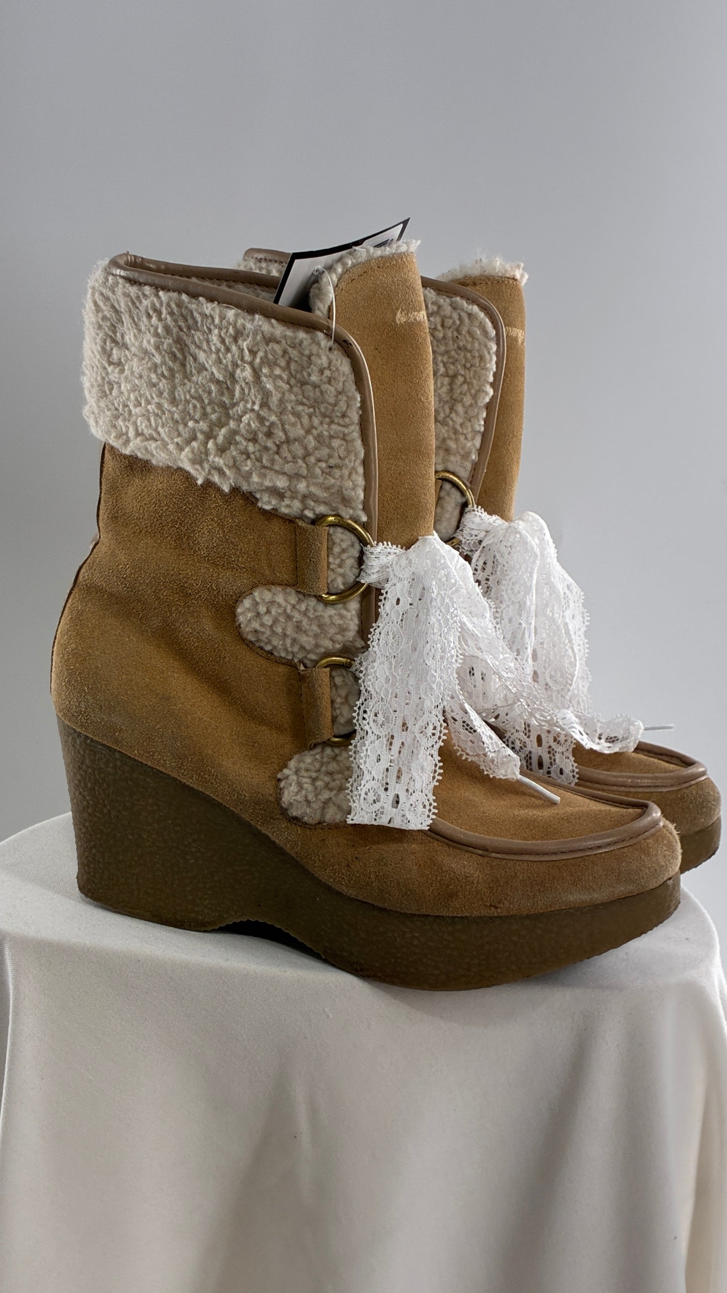 Vintage TOMMY GIRL Suede Leather Wedge Heels with Sherpa Details and Lace Trim Laces (8)