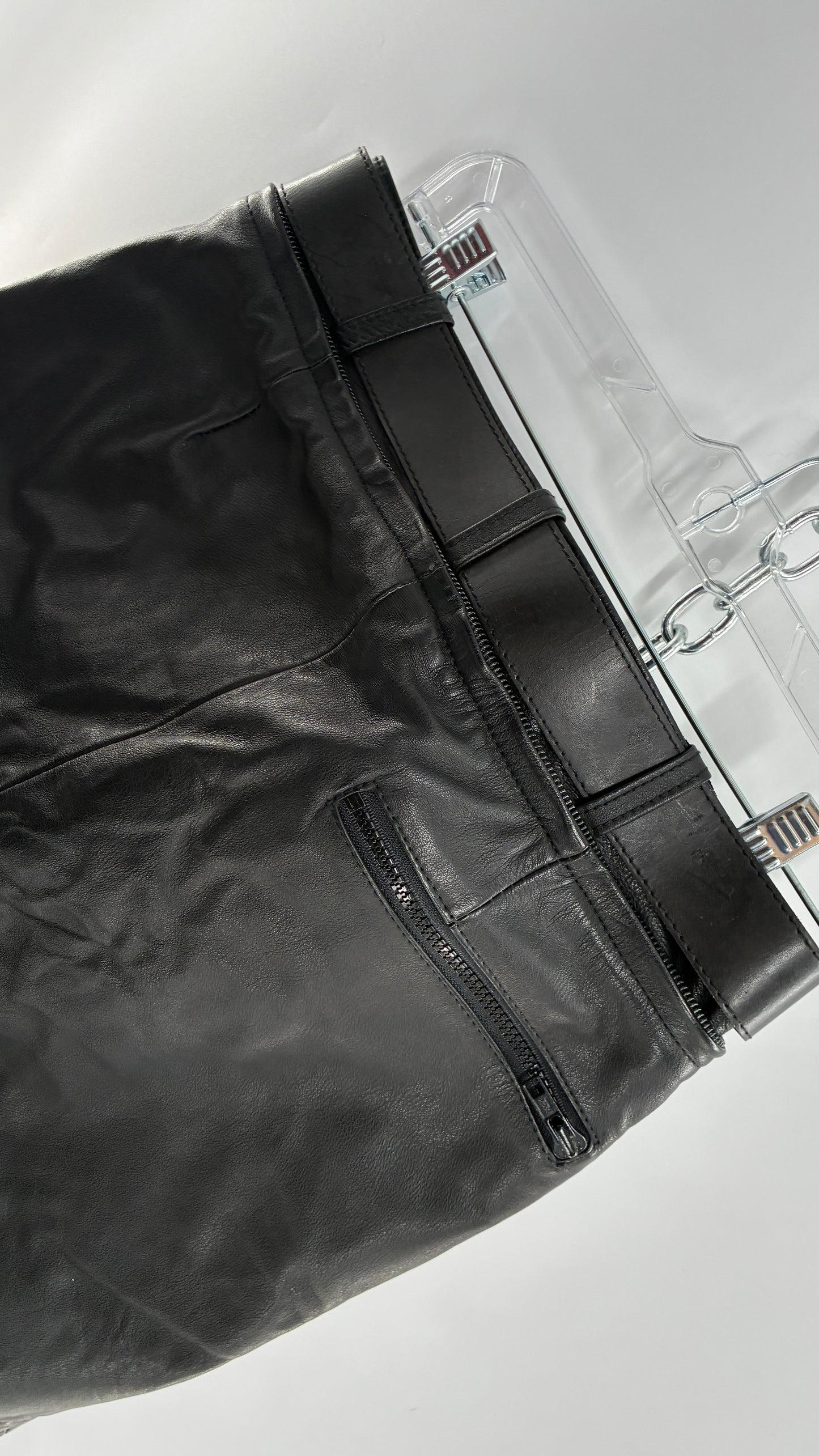 Vintage Black Italian Leather Motorcycyle Pants with Built In Belt and Zipper Detailing (XS)
