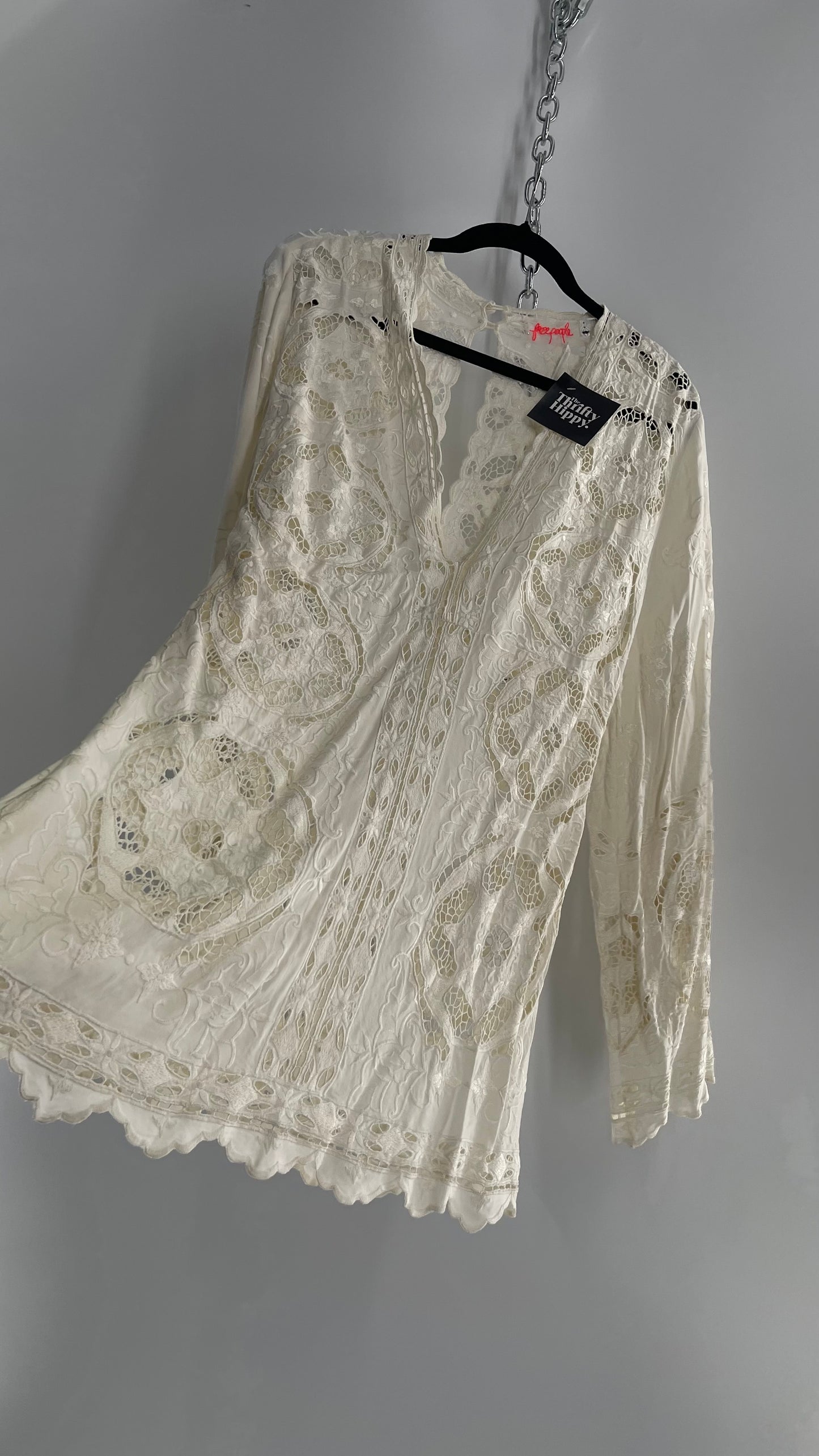 Free People Cream Lace Mini Dress (Small)