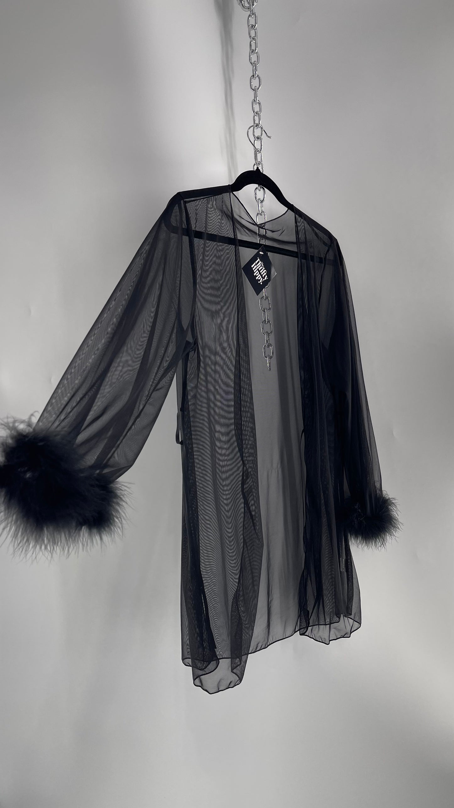 Black Mesh Long Sleeve Toss On with Feather Cuffs (Medium)