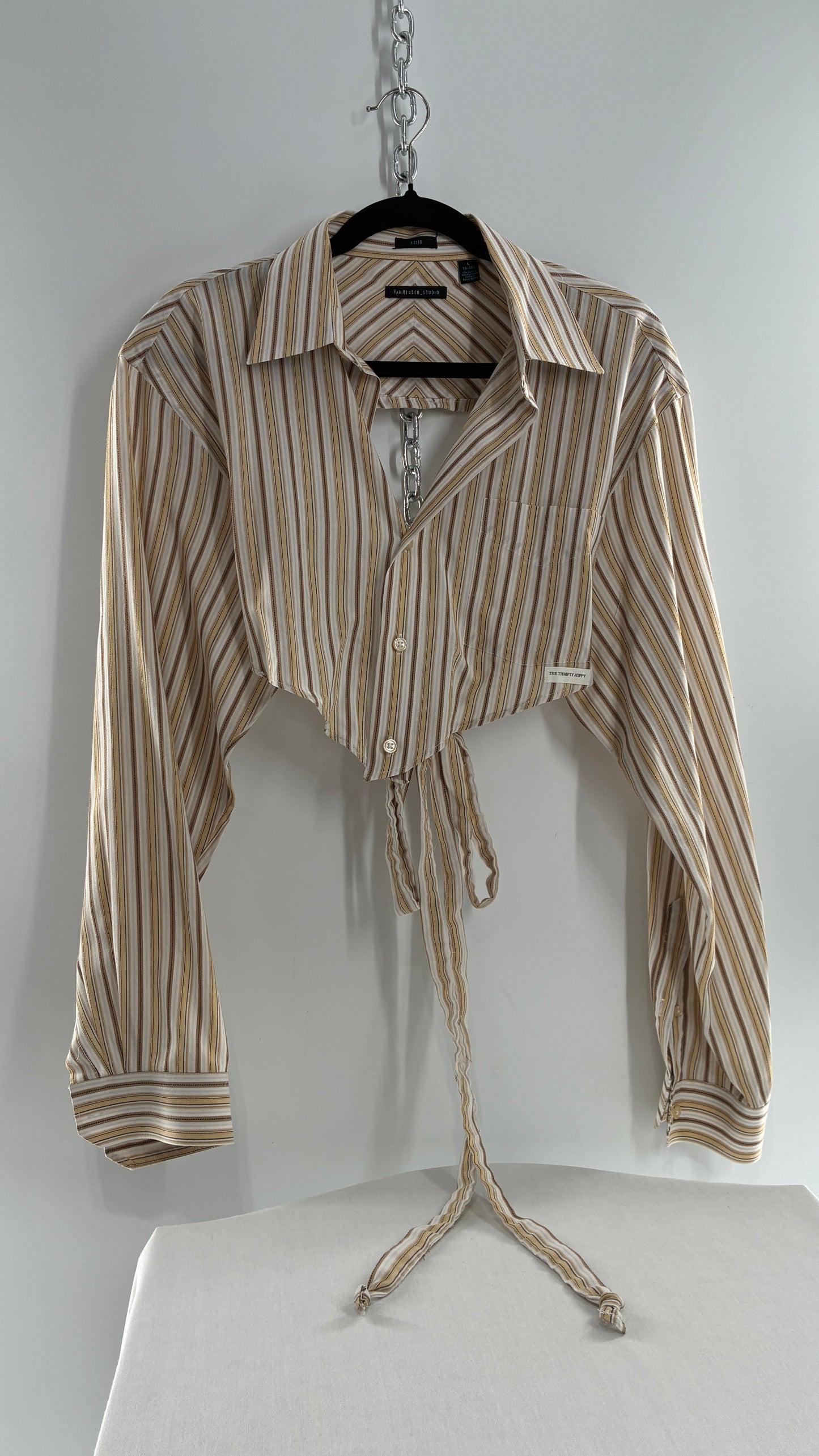 Vintage VAN HEUSEN Reworked Button Front Backless Mustard Yellow, Brown Striped Blouse (One Size)