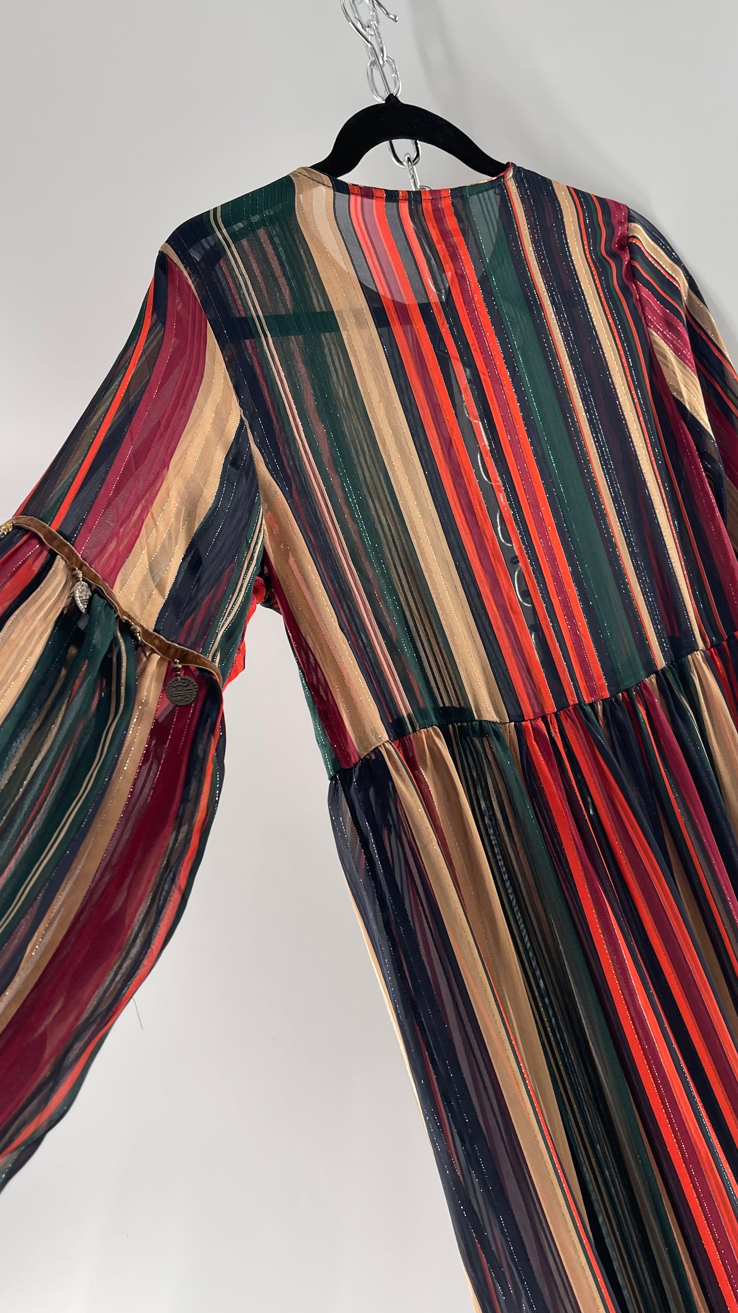 JAASE Striped MIDI Dress with Ruffled Hem, Coin Detailing, Dramatic Button Front Dress (XS)