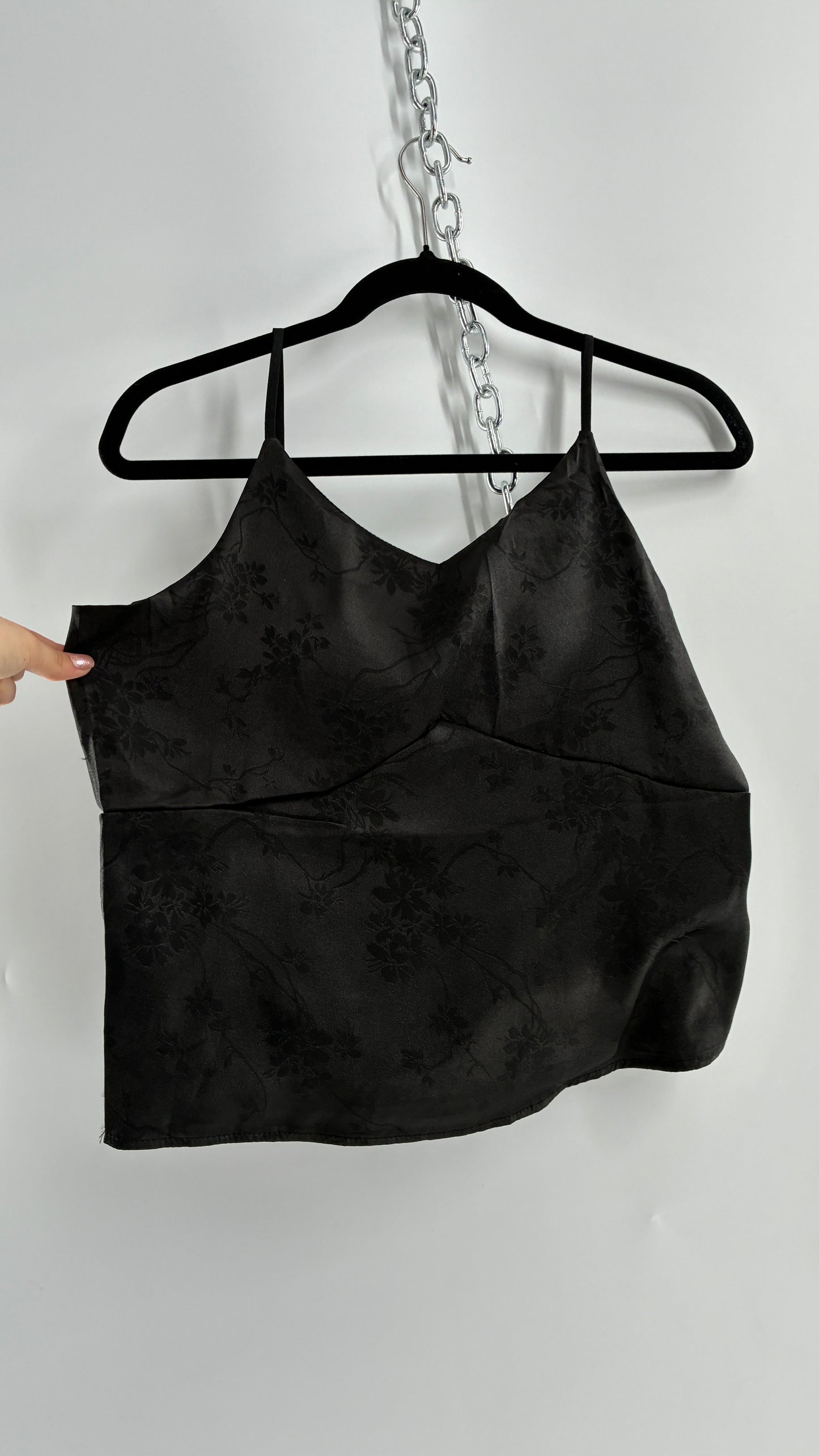 Vintage Black Silky Floral Camisole with Built in Padding (Large)