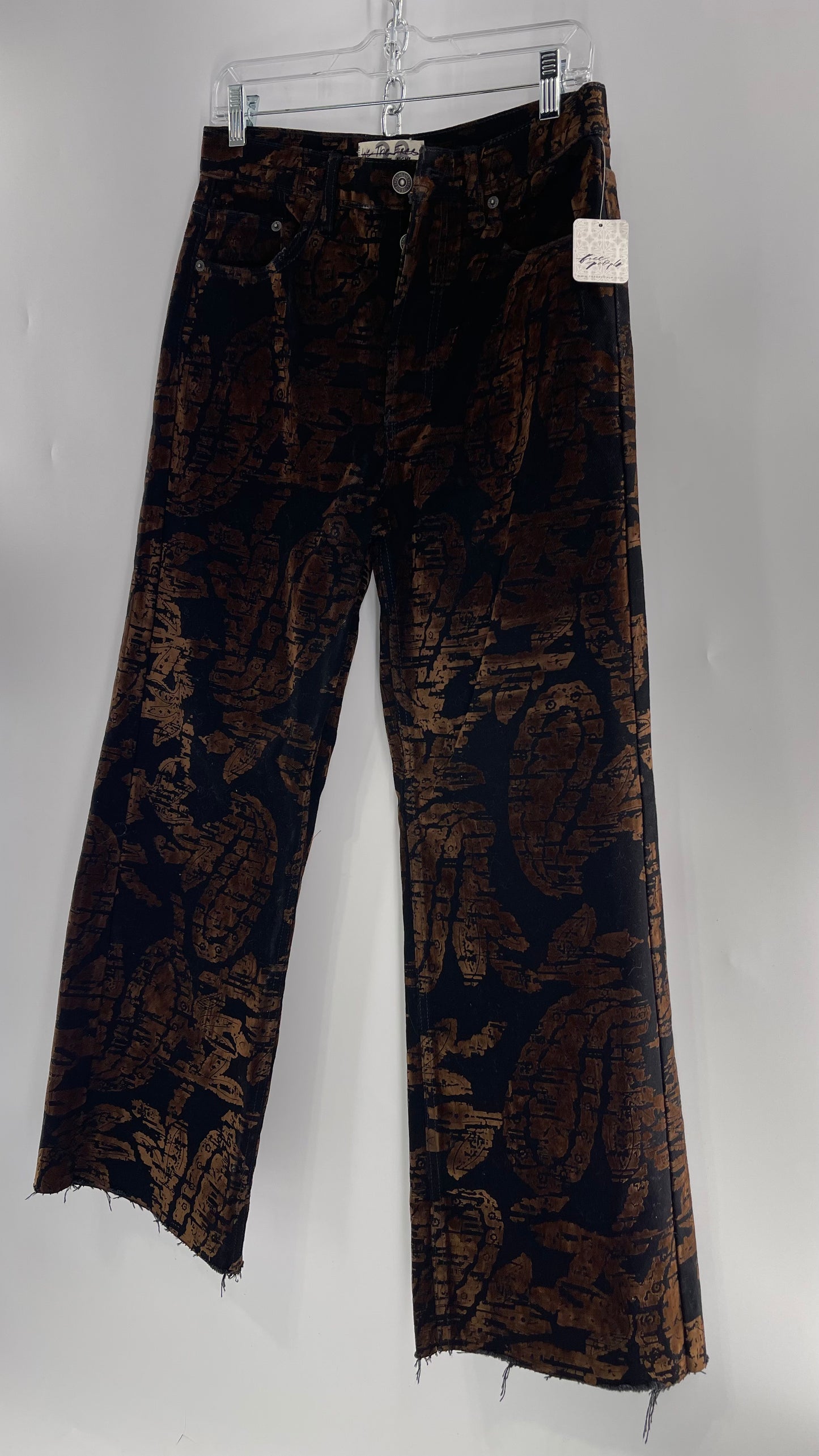 Free People Black/Brown Velvet Texture Graphic Straight Legs with Raw Edge Hem and Tags Attached (28)