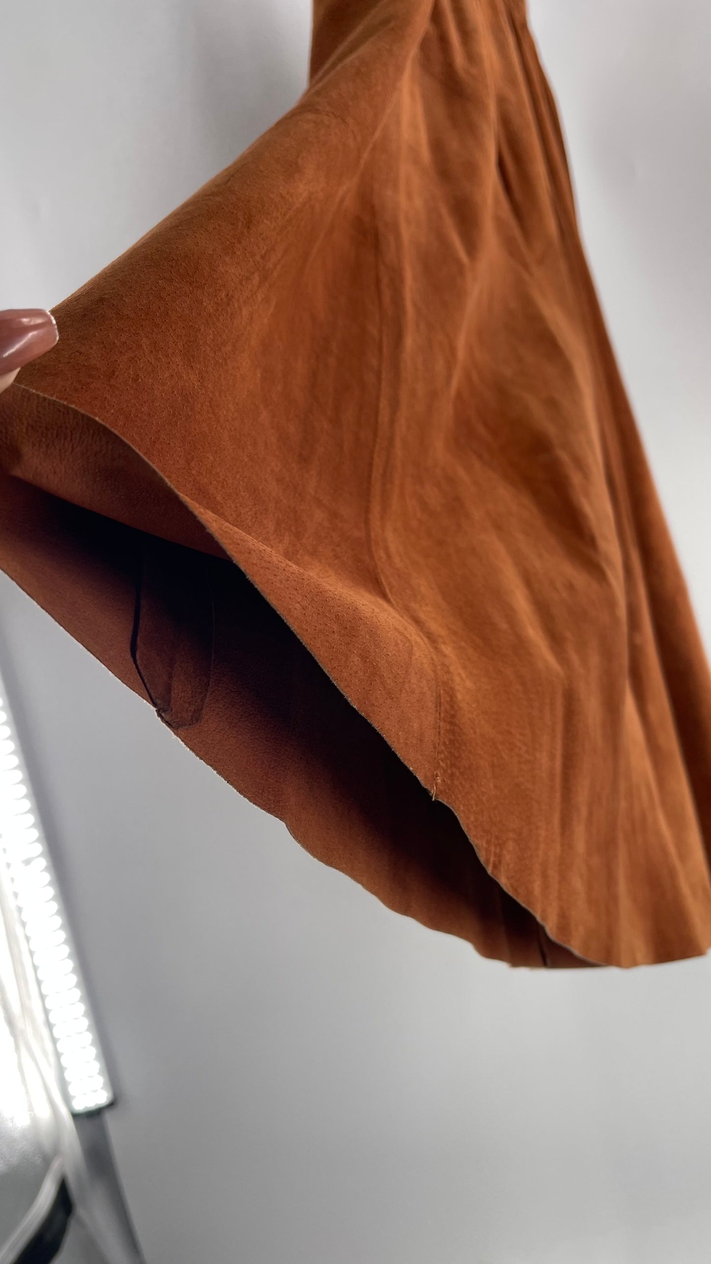 Vintage Brown Leather Suede Paneled Voluminous Skirt Assembled in Mexico (S)