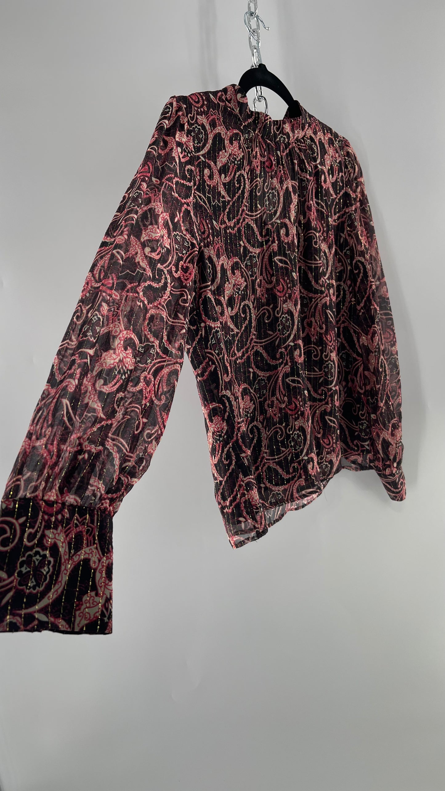 Kachel 95% Silk Black Paisley Blouse with Gold Tinsel Bessie Anthropologie (6)