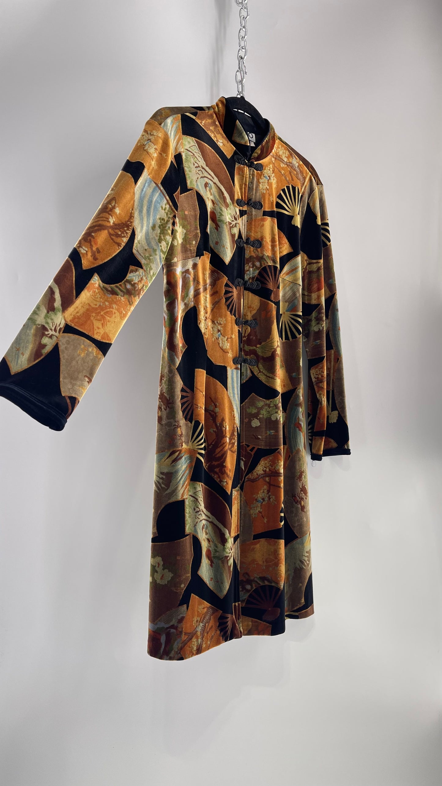 Vintage CLIO 1990s Black Velvet/Velour Fan Patterned Duster Coat (Medium)