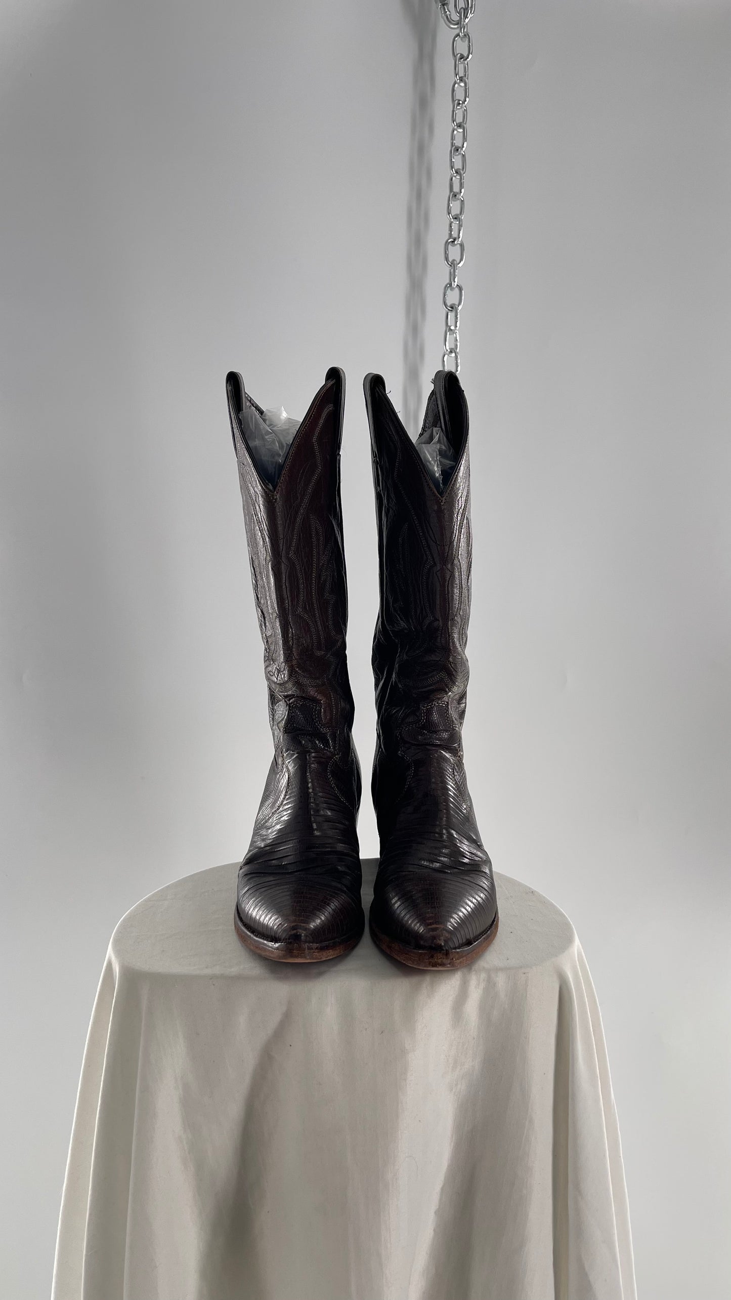 Vintage JUSTIN Dark Brown Leather/Lizard Pointed Toe Cowboy Boots Worn In (7.5)