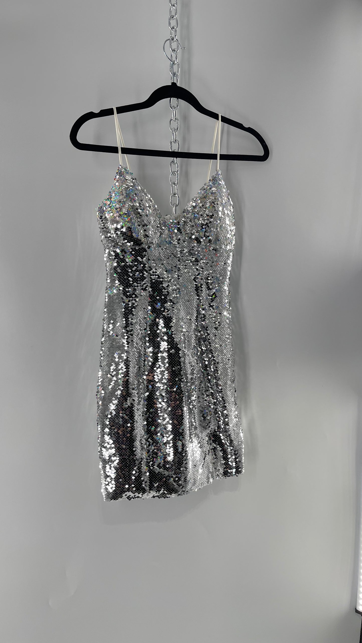 Princess Polly Silver Iridescent Sequin Mini Dress with Triangle Cups and Thigh Slit (0)