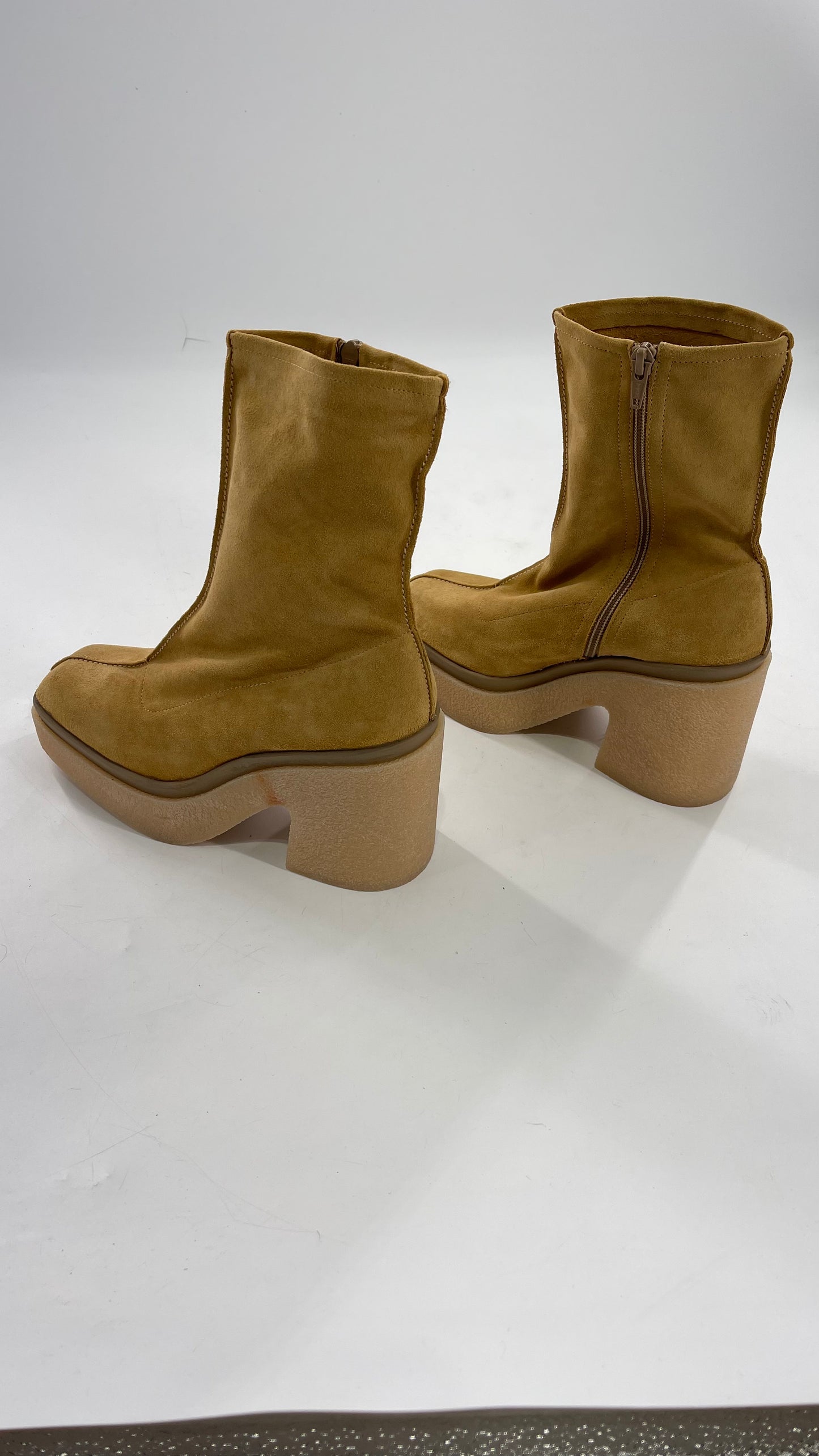 Free People Gigi Tan Suede Ankle Boots with Platform and Chunky Rubber Heel (38.5)