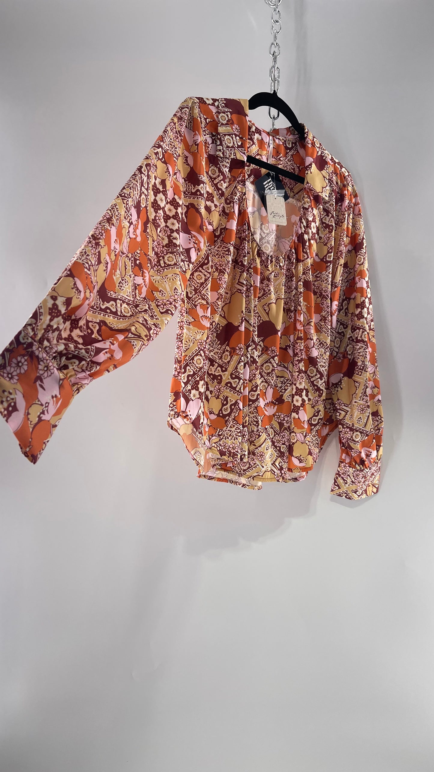 Free People All Over Mixed Warm Toned Satin Blouse with Pleated/Draping Neckline and Collar, Tags Attached (Small)