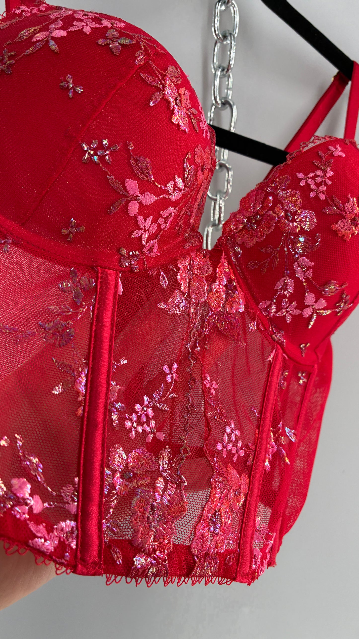 Vintage Red Corset with Iridescent Floral Lace and Padded Bust (32C/Small)