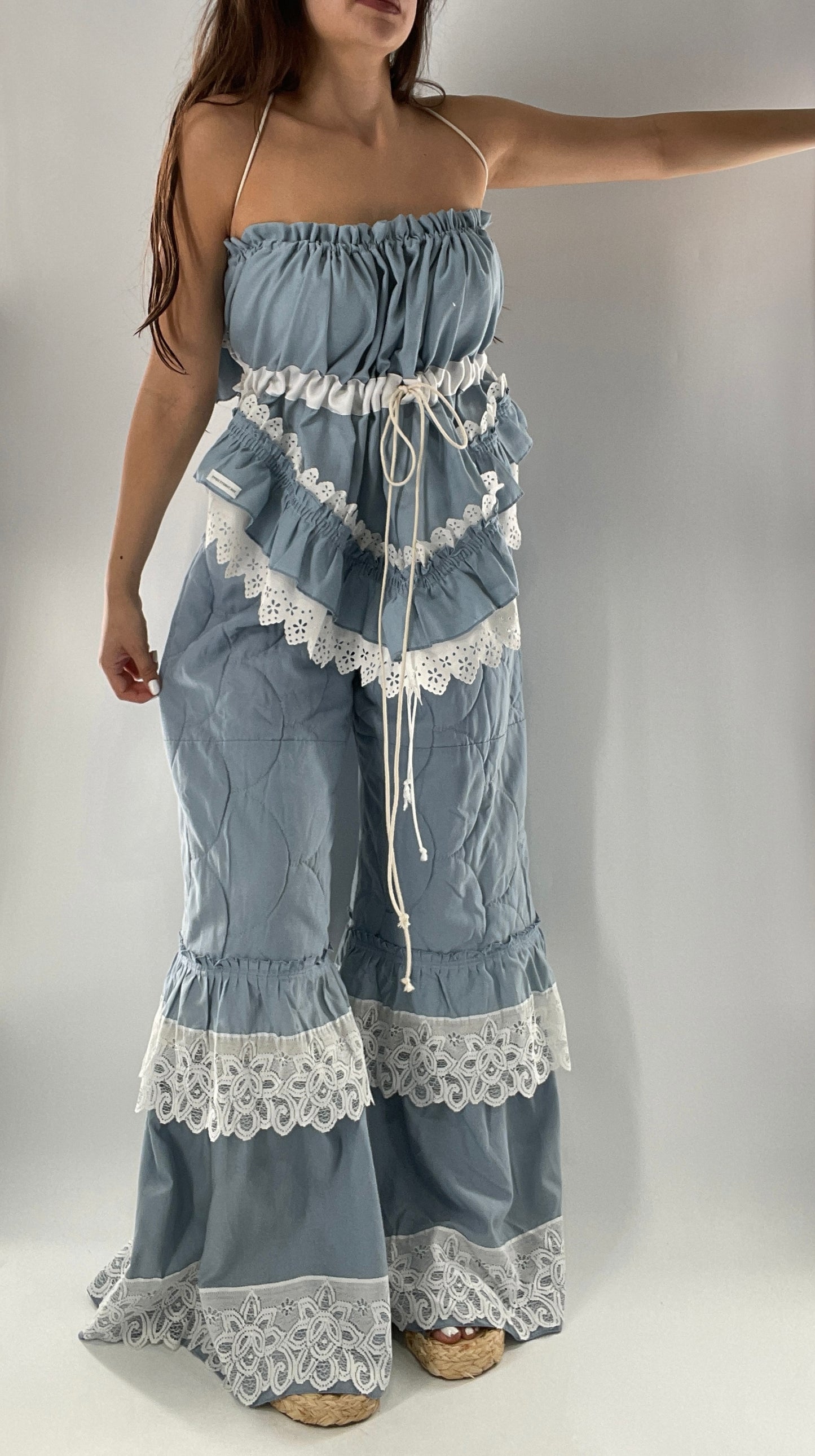 Vintage 2 Piece Powder Blue Set Featuring 2Way Blouse and Quilted Trousers Covered in Ruffles, Lace and Trim (One Size)