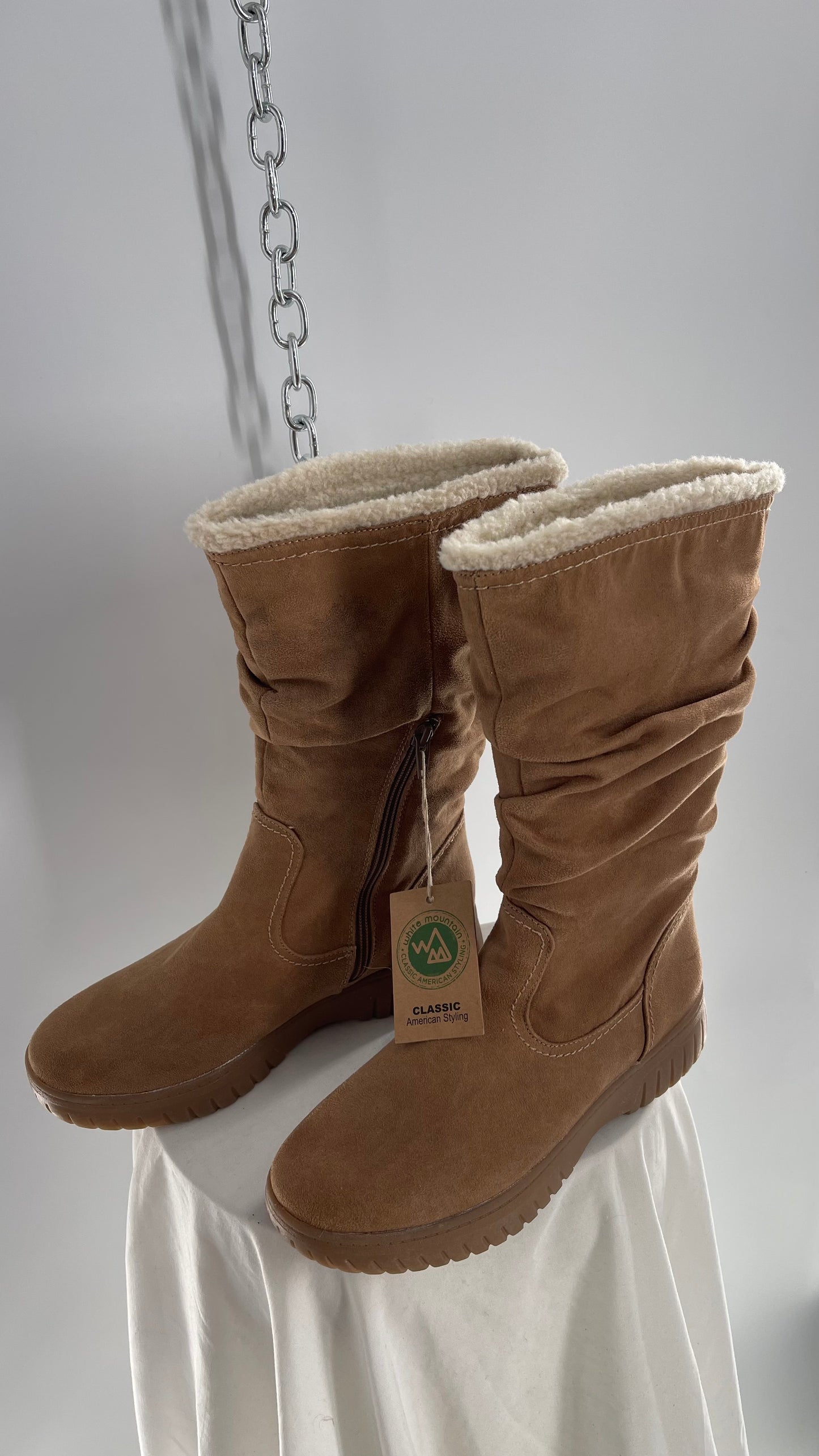 White Mountain Stacked/Ruched Brown Suede Leather Boots with Sherpa Lining and Tags Attached (8.5)