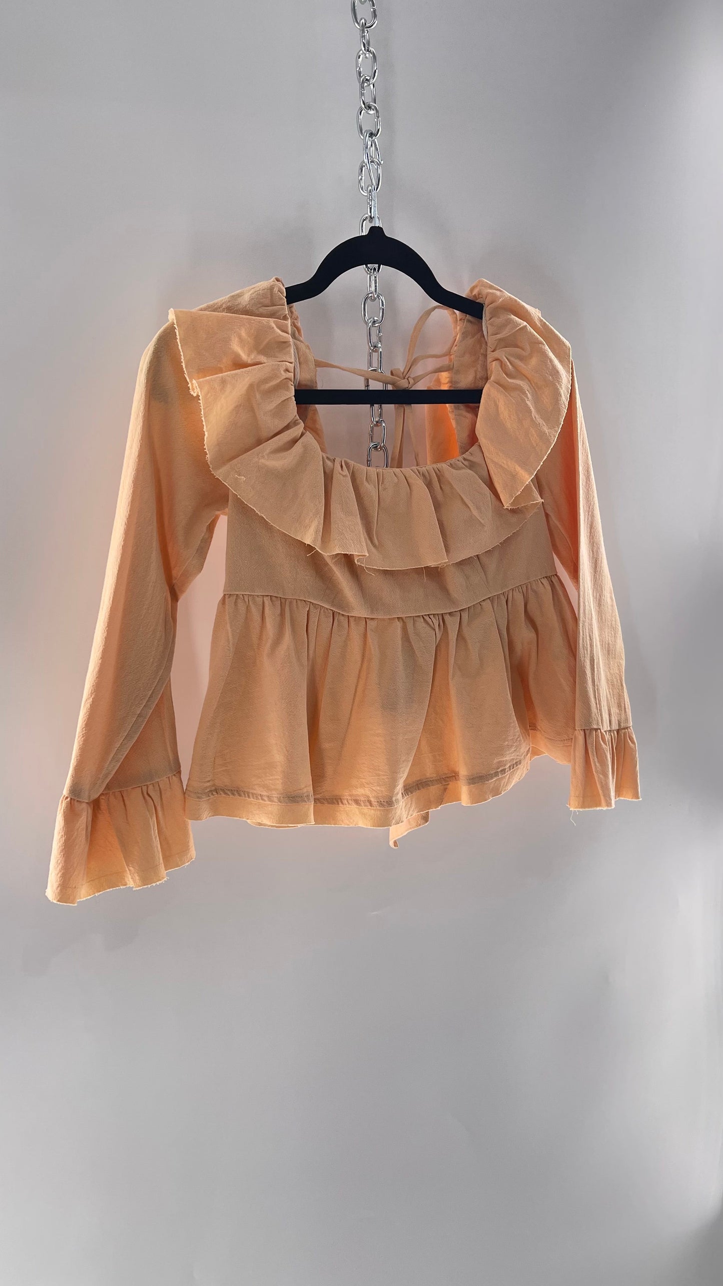 Free People Pumpkin Light Orange Backless Bow Back Cropped Blouse with Ruffle Sleeve and Neckline (XS)