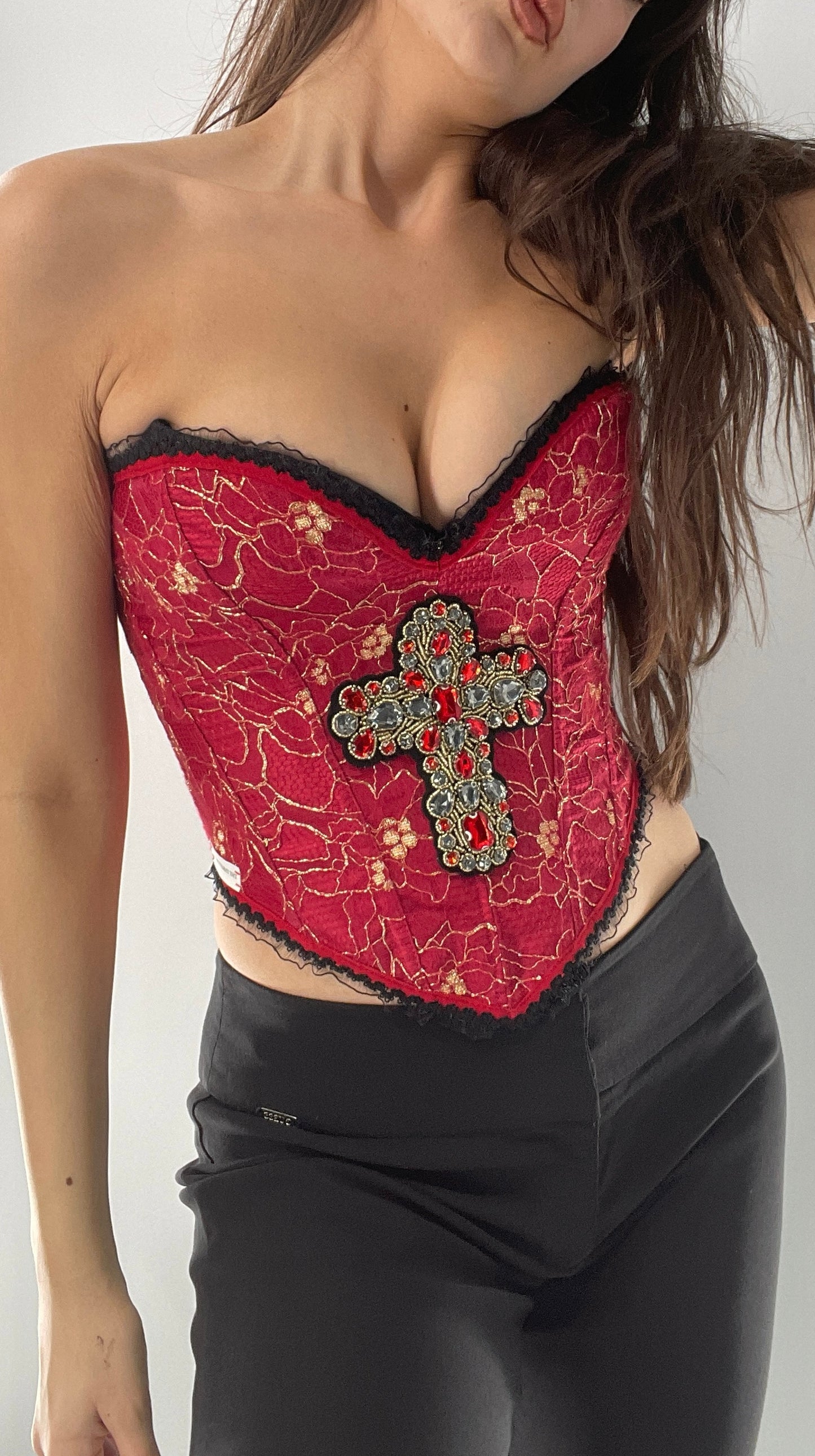 Custom Red Lace Corset with Beaded Cross Appliqué and Lace Trim (XS/S)