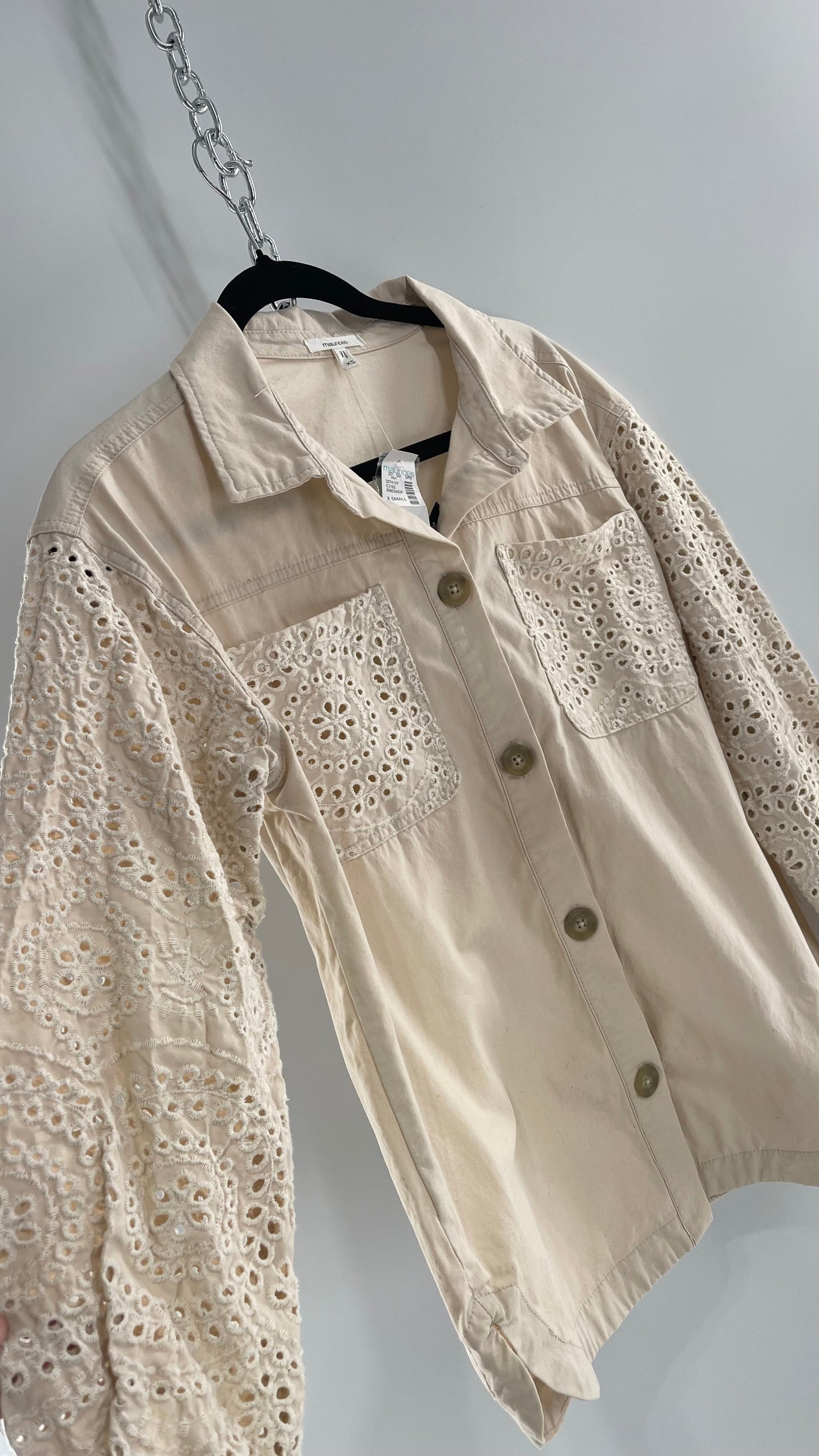 Maurices Anthropologie Beige Cotton Button Up with Eyelet Lace Sleeves and Pockets with Tags Attached (XS)