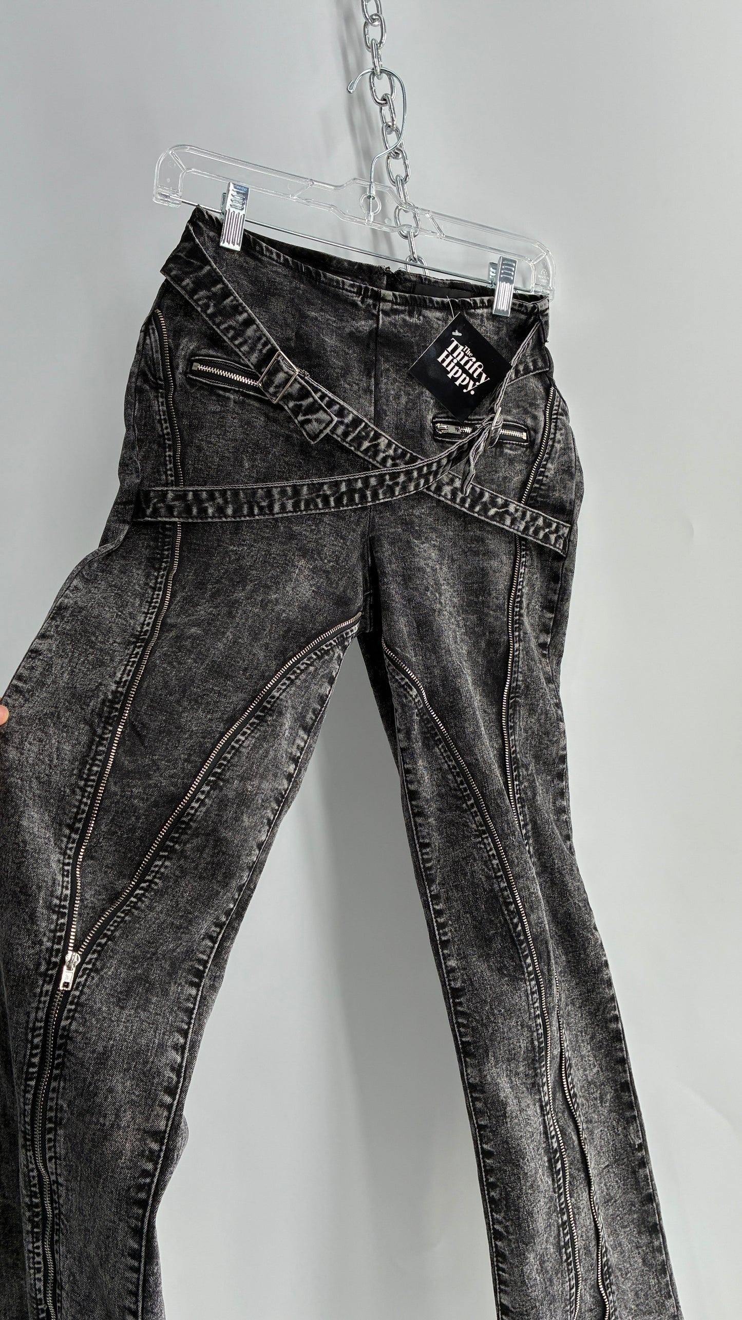 Fashion Nova Grey Acid Washed Kickflare Jeans with Hip Buckle Belts and Functional Zip Up Leg Detail (3)