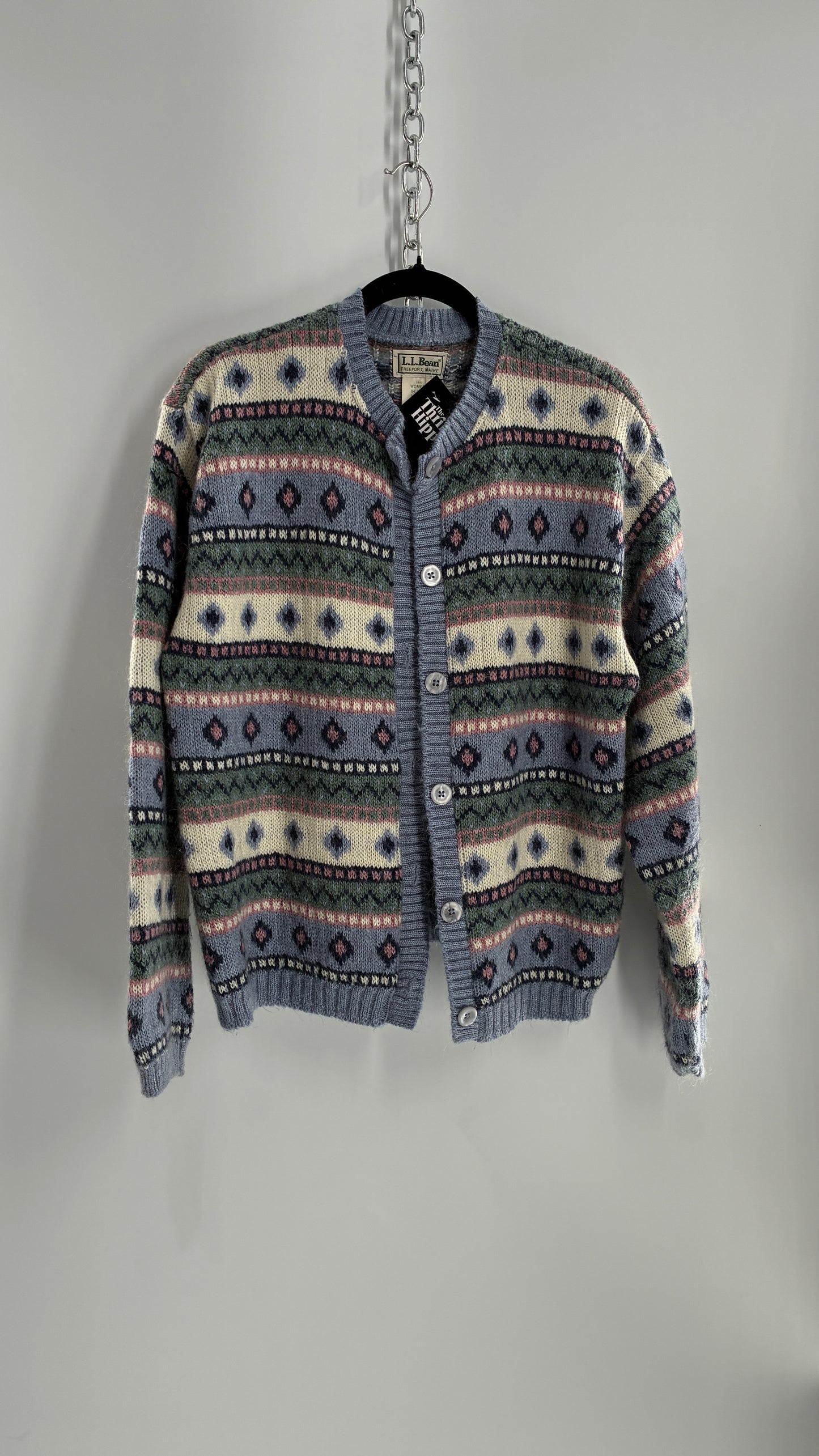 Vintage LL Bean 25% Mohair Striped Knit Blue Green Pink Cardigan (XL)