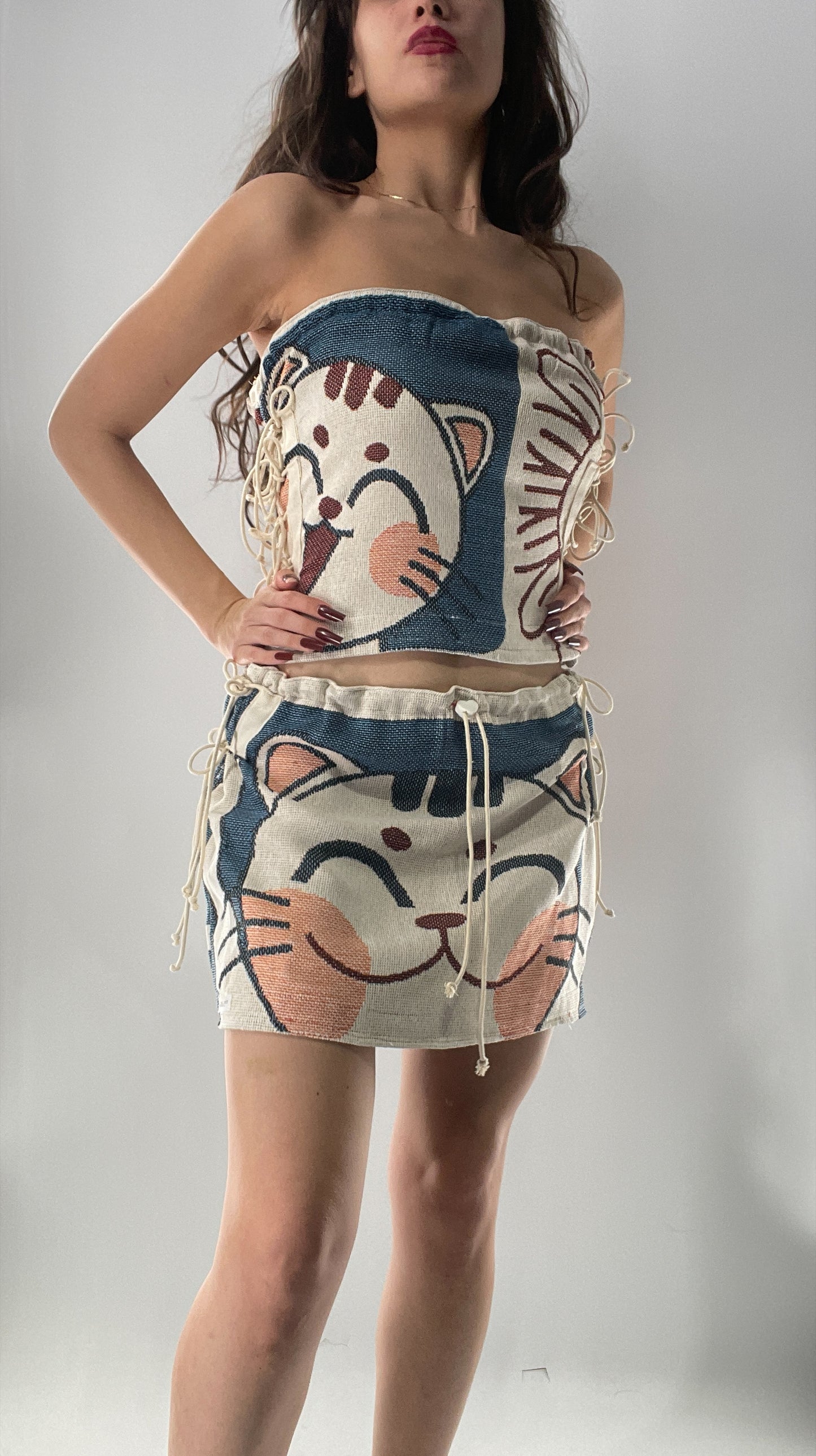 Vintage Tapestry Kitty 2pc Set with Adjustable Corseted Top and Adjustable Corseted Micro Skirt (S-L)