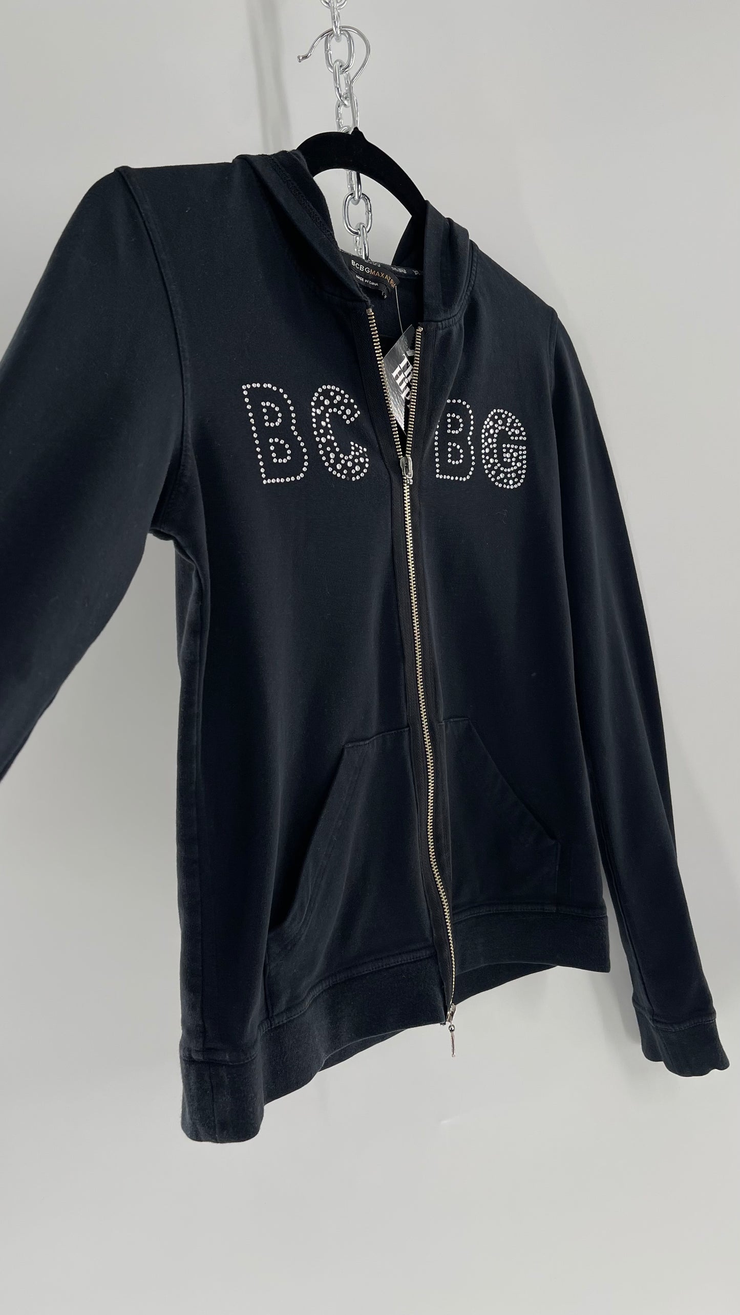 Vintage BCBG Rhinestone Logo Hoodie with Zip Up Studded Hood (Medium)