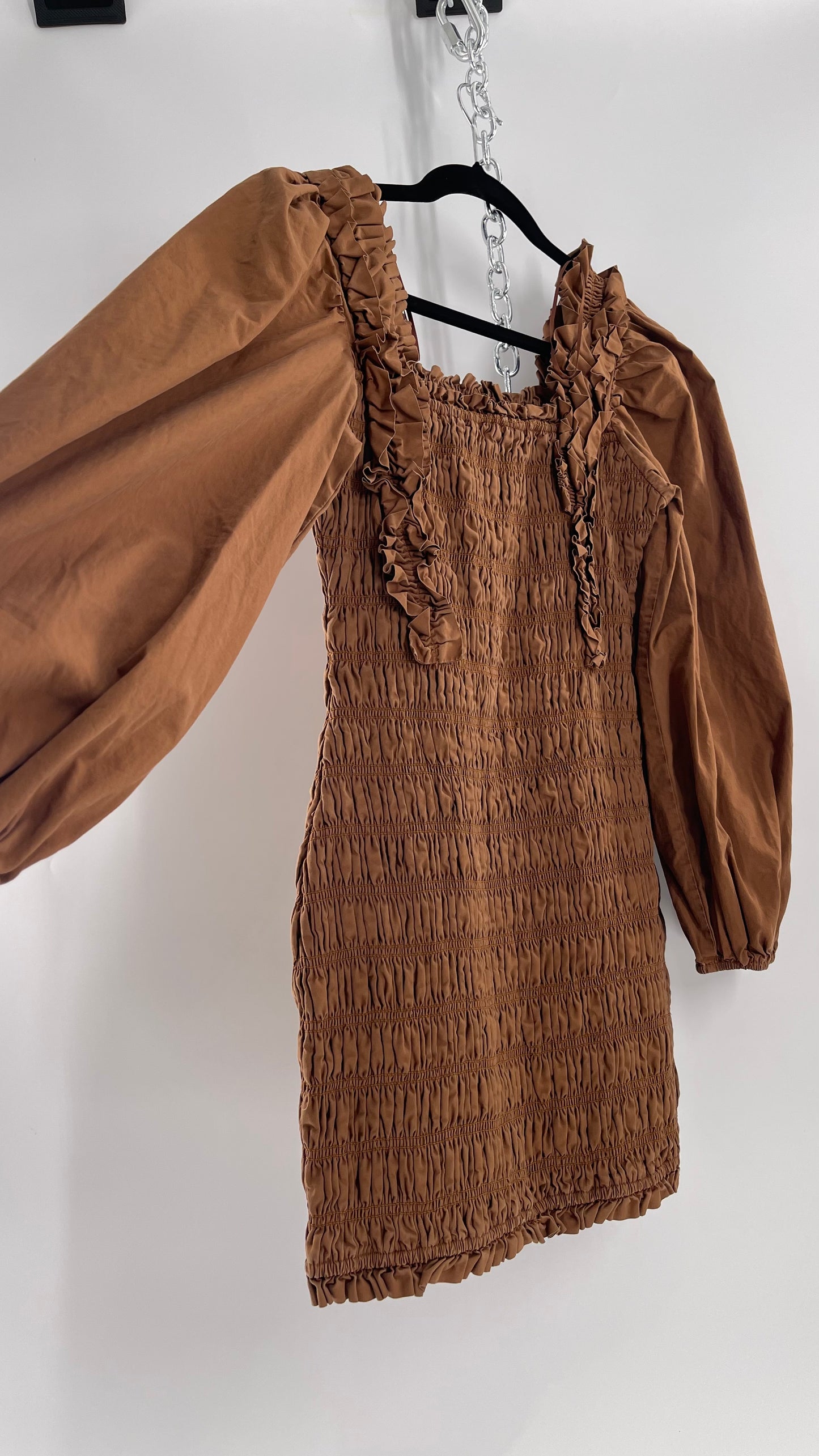 Endless Rose Anthropologie Brown Smocked Ruffle Front Puff Sleeve Mini Dress (Medium)
