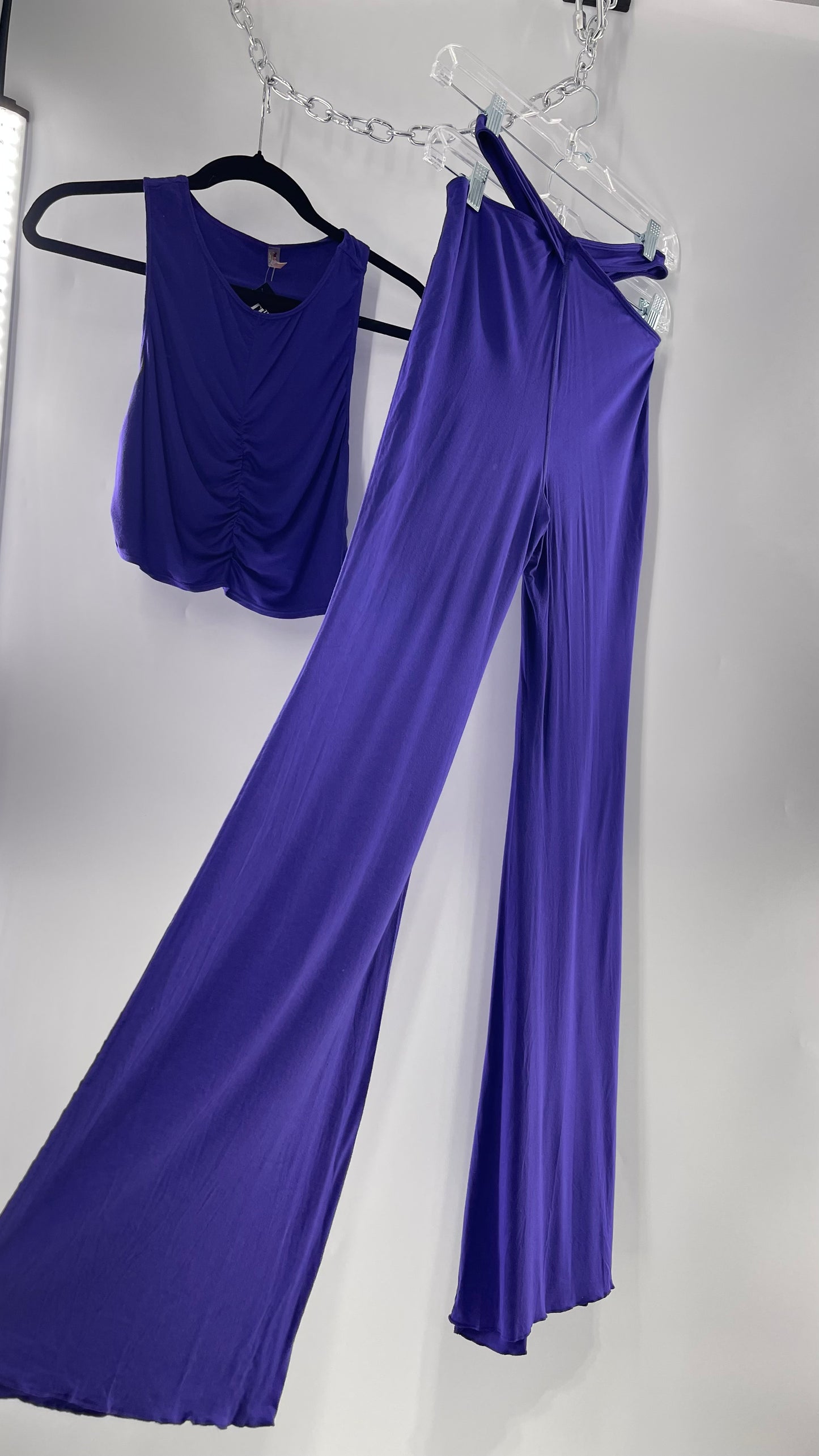 Free People 2 Piece Cobalt Purple Ruched Tank+ Cut Out Hip Strap Detail Flared Bottoms Set (Small)