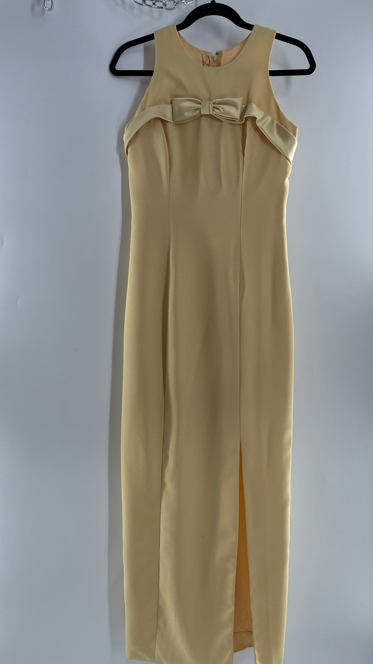 Vintage ALYCE’S Baby Yellow High Neck Satin Bow Bust, Side Slit, Button Back Gown (Measured)