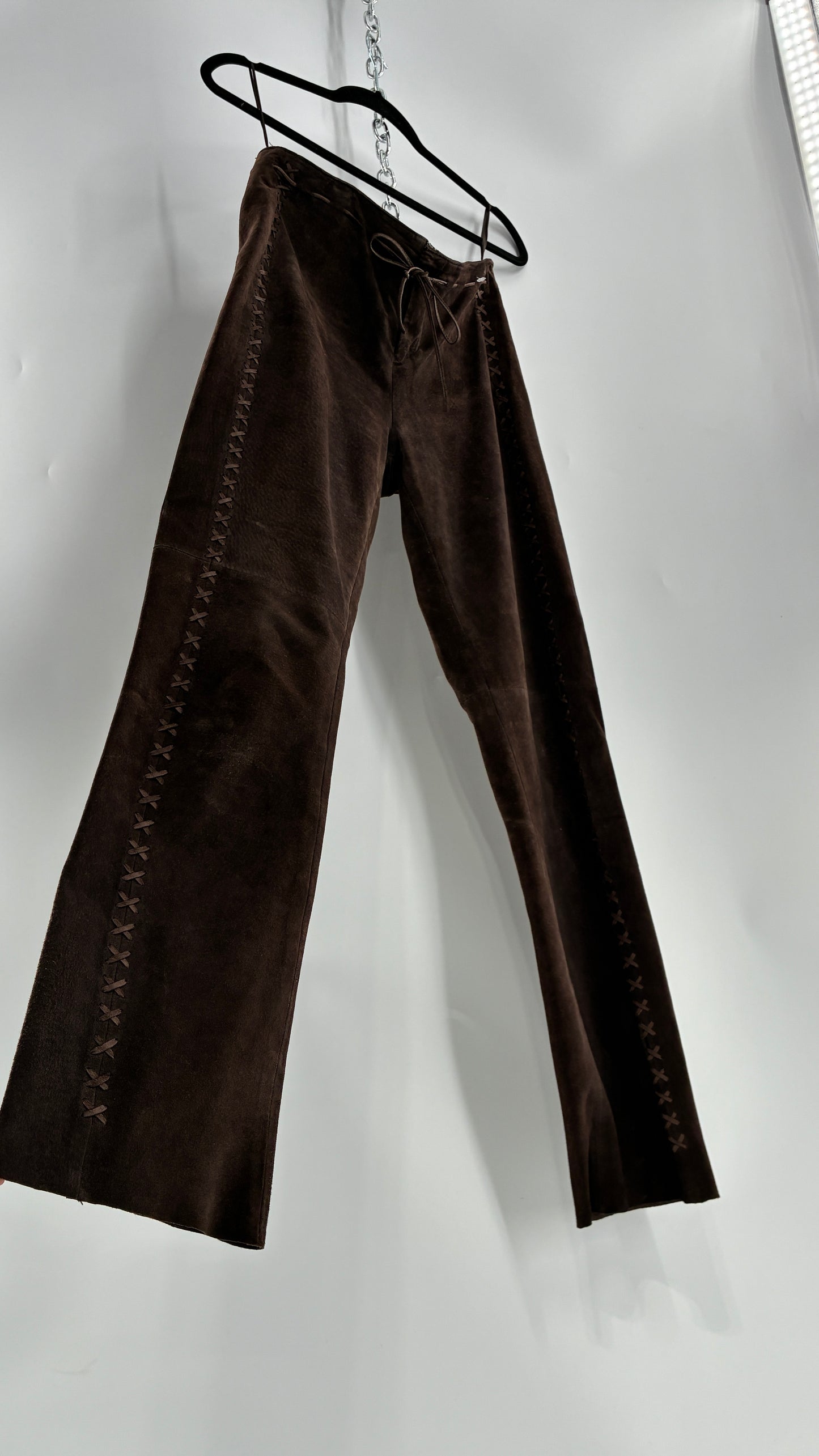 Vintage FOR JOSEPH Low Rise, Chocolate Brown Suede Pants with Leather Stitch Sides and Bow Closure (28)
