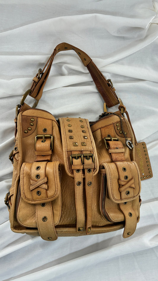 Rare Vintage BETSEY JOHNSON Heavy Leather, Oversized Shoulder Bag with Leopard Lining
