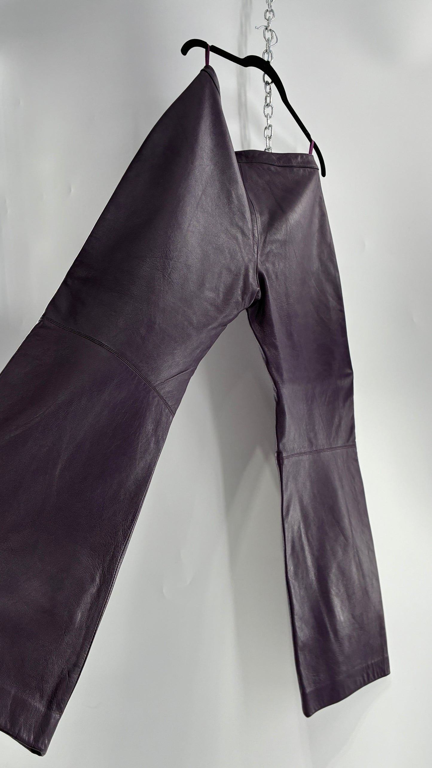 Vintage SHIN CHOI Genuine Italian Leather Purple Side Closure Low Rise Pants (12)
