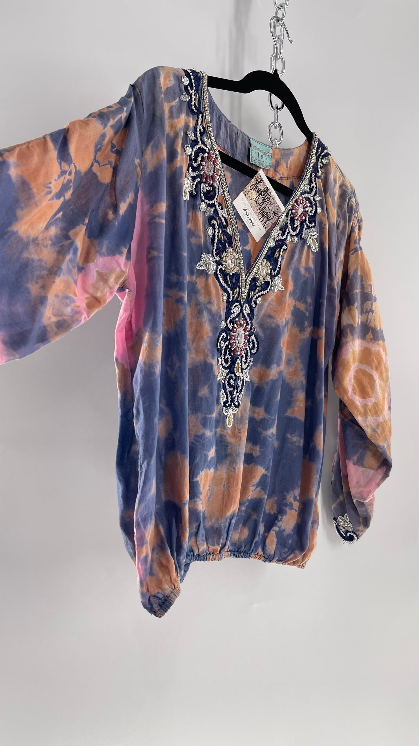 TAJ by Sabrina Crippa Tie Dye Blouse with Gemstone Encrusted Neckline and Ruched Beaded Sleeves (S/M)