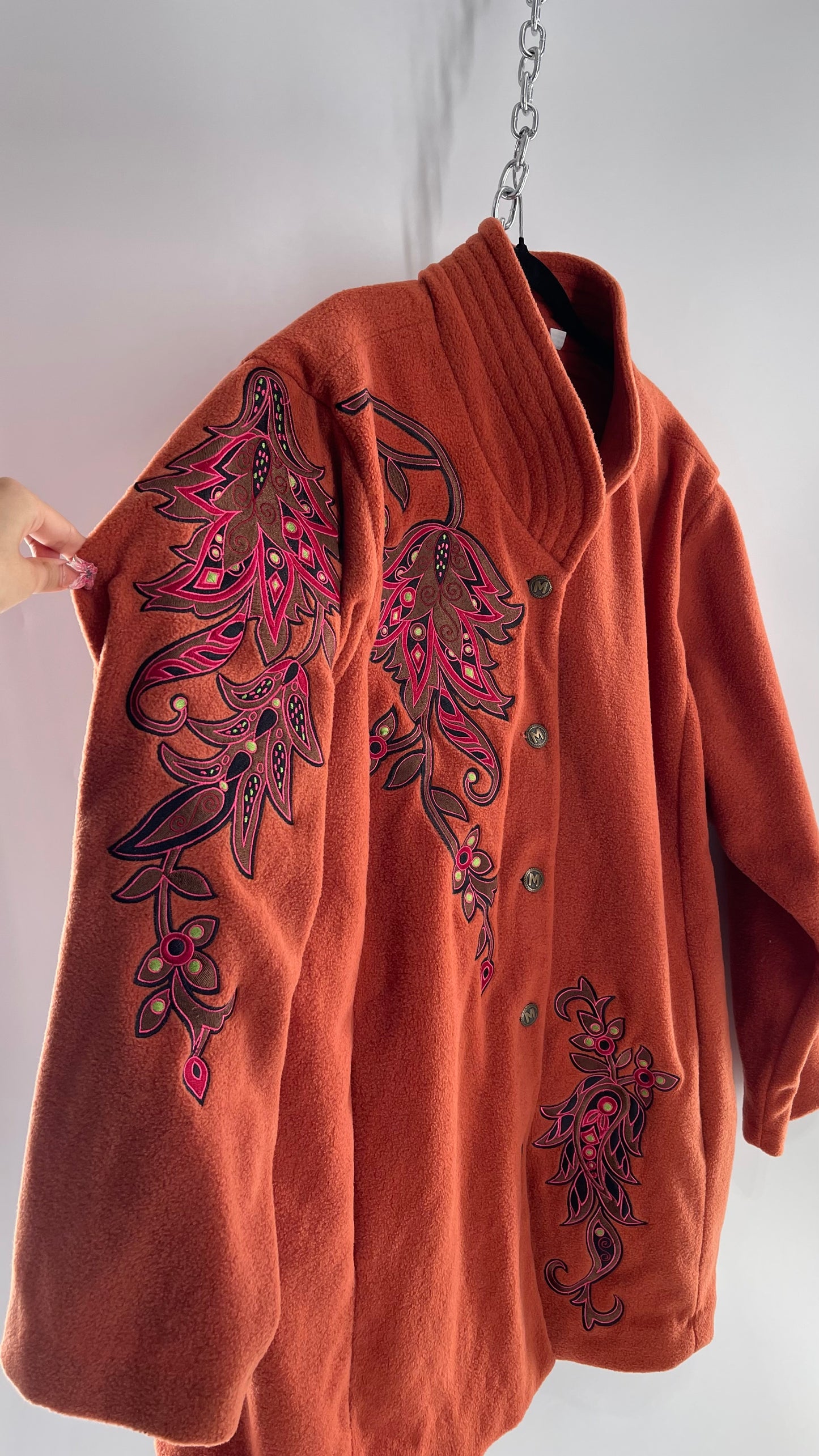 Deadstock Vintage Bob Mackie Orange Coat with Embroidered Sleeves and Body, Embossed Buttons and Tags Attached (XXXL)