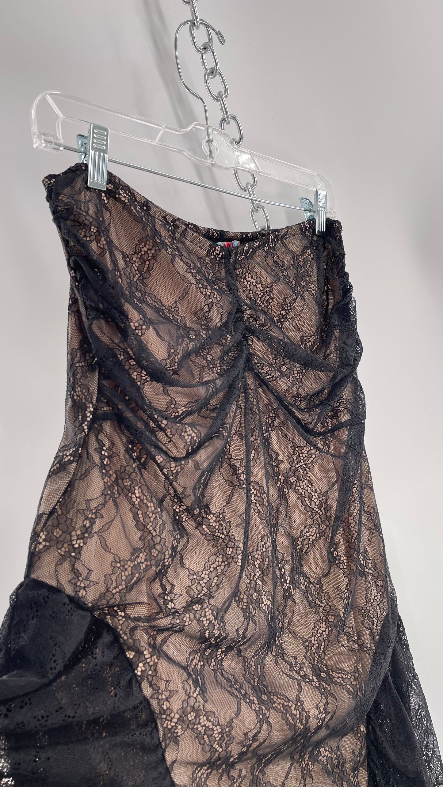 Urban Outfitters Black Lace Midi Skirt with Nude Underlay (Medium)