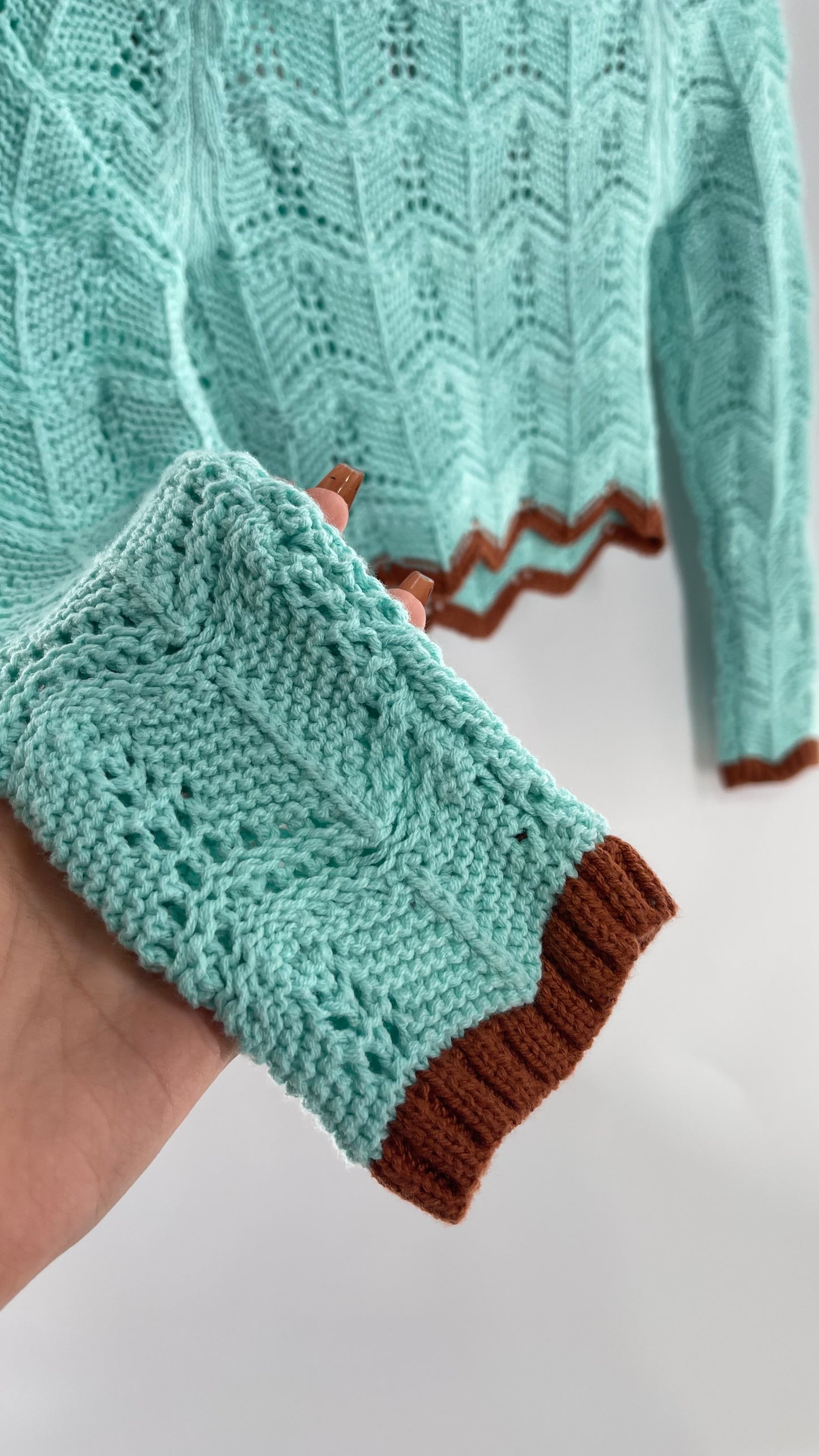 Urban Outfitters Baby Blue Cropped Knit Top with Brown Piping and Ribbon Neckline (XS)