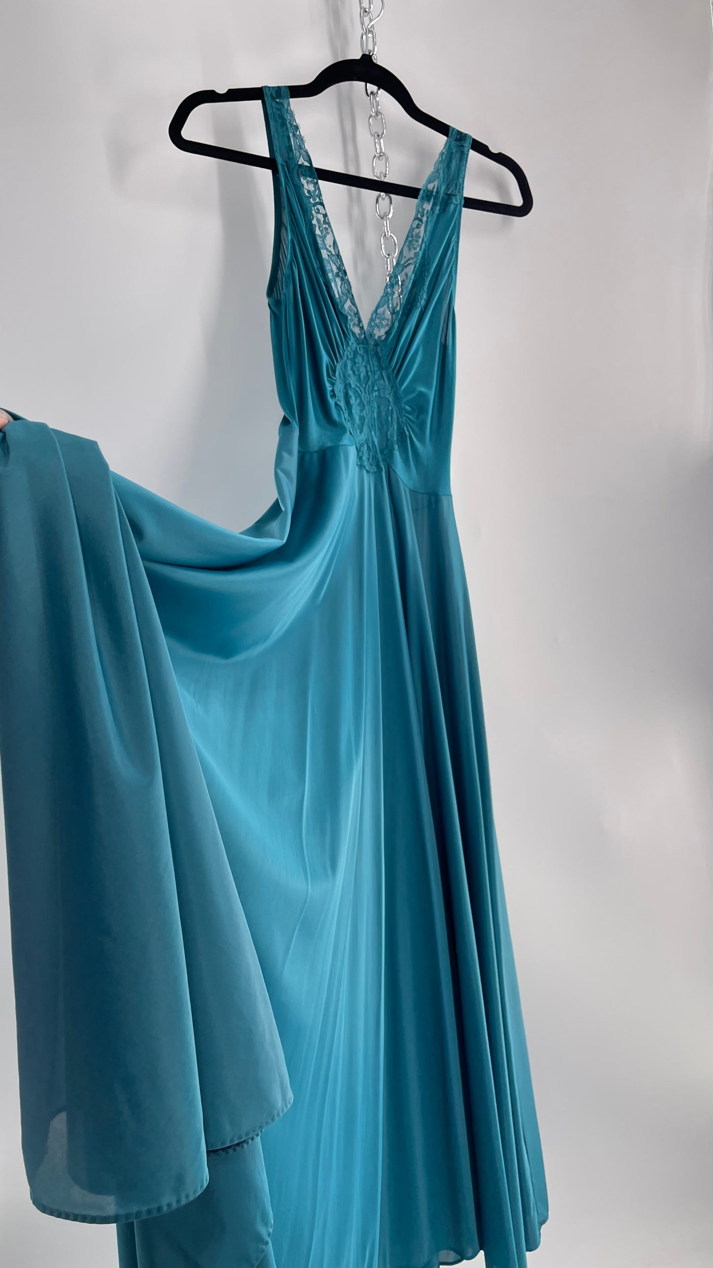 Vintage Olga Intimates Floor Length Voluminous Blue Jewel Toned Maxi Dress/Night Gown with Lace Bust (Small)