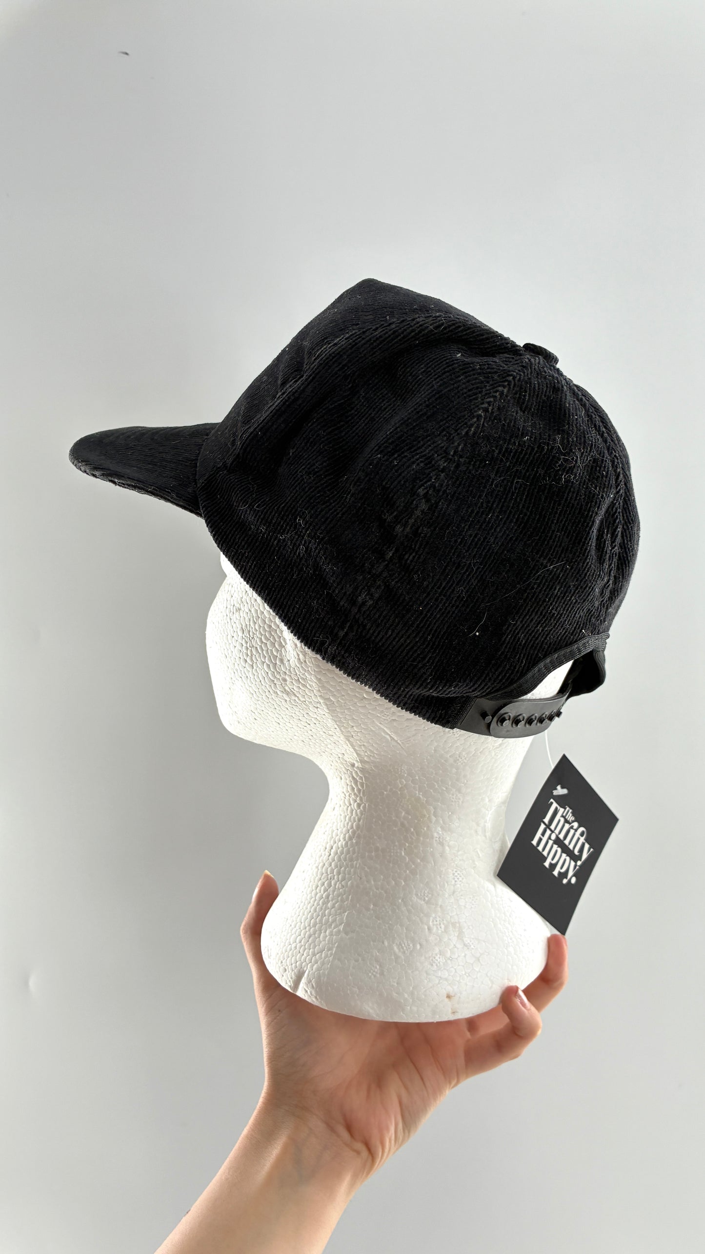 Vintage 1980s NORDICA Sportswear Black Corduroy Embroidered SnapBack Hat