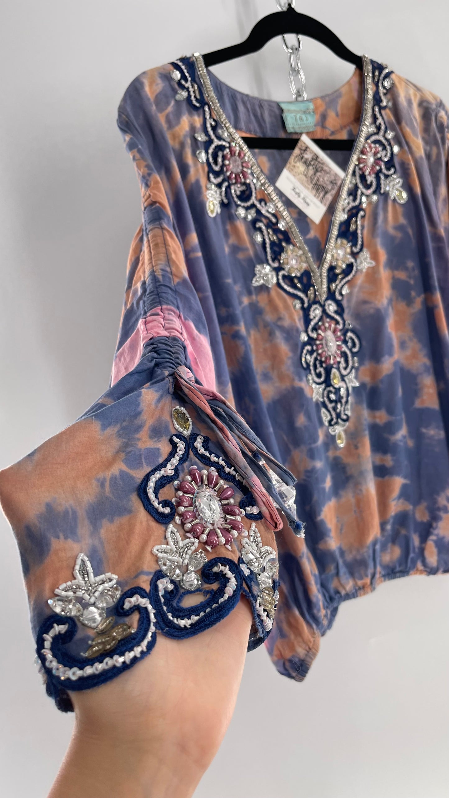 TAJ by Sabrina Crippa Tie Dye Blouse with Gemstone Encrusted Neckline and Ruched Beaded Sleeves (S/M)
