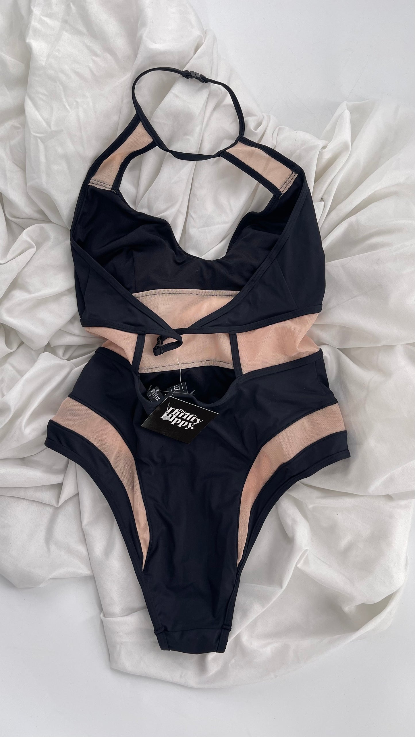 EVILTWIN Black Swimsuit with Mesh Cut Outs and Choker Neckline (Medium)