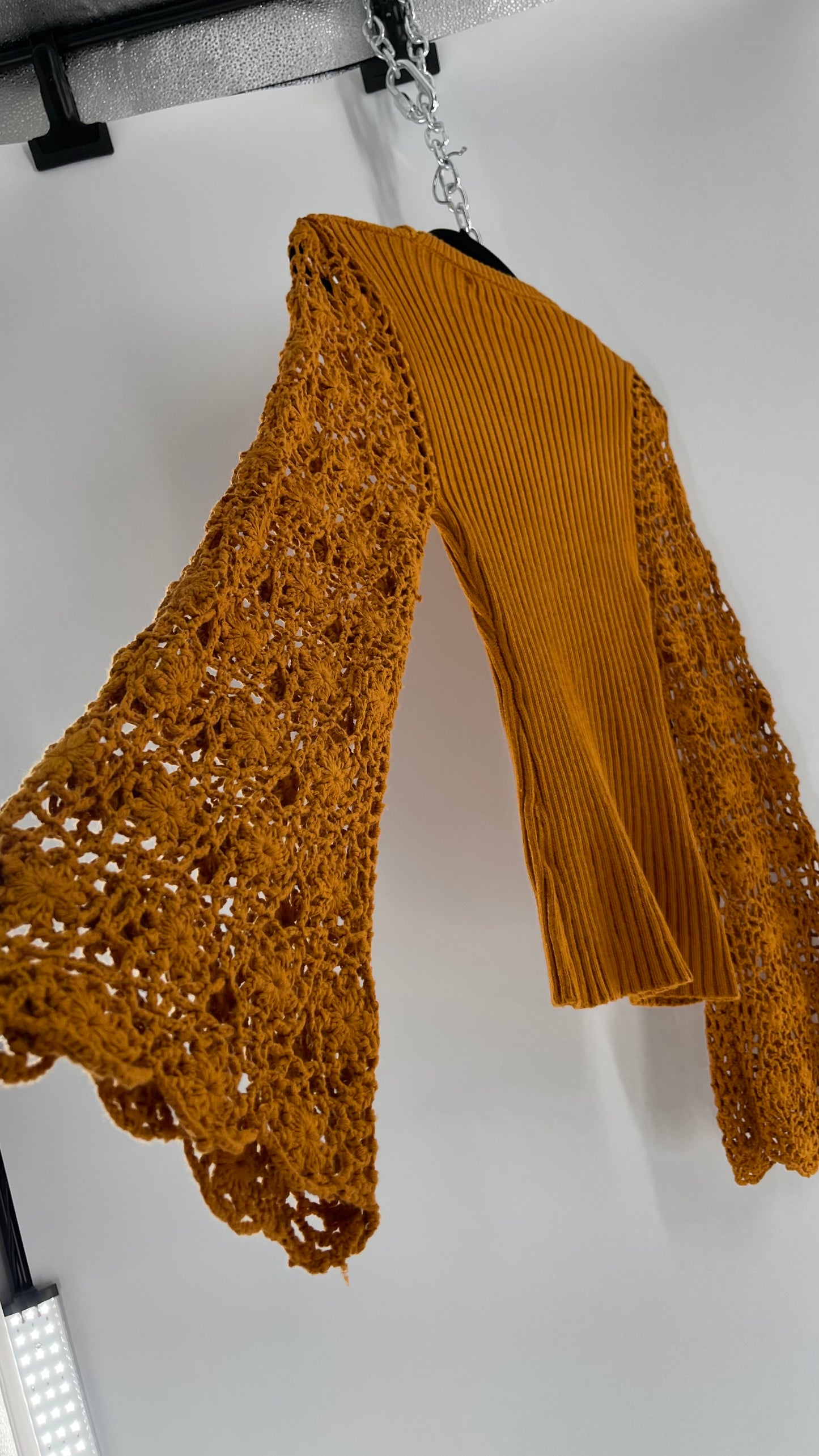 Love Colétte Mustard Sweater with Crochet Bell Sleeve (Large)