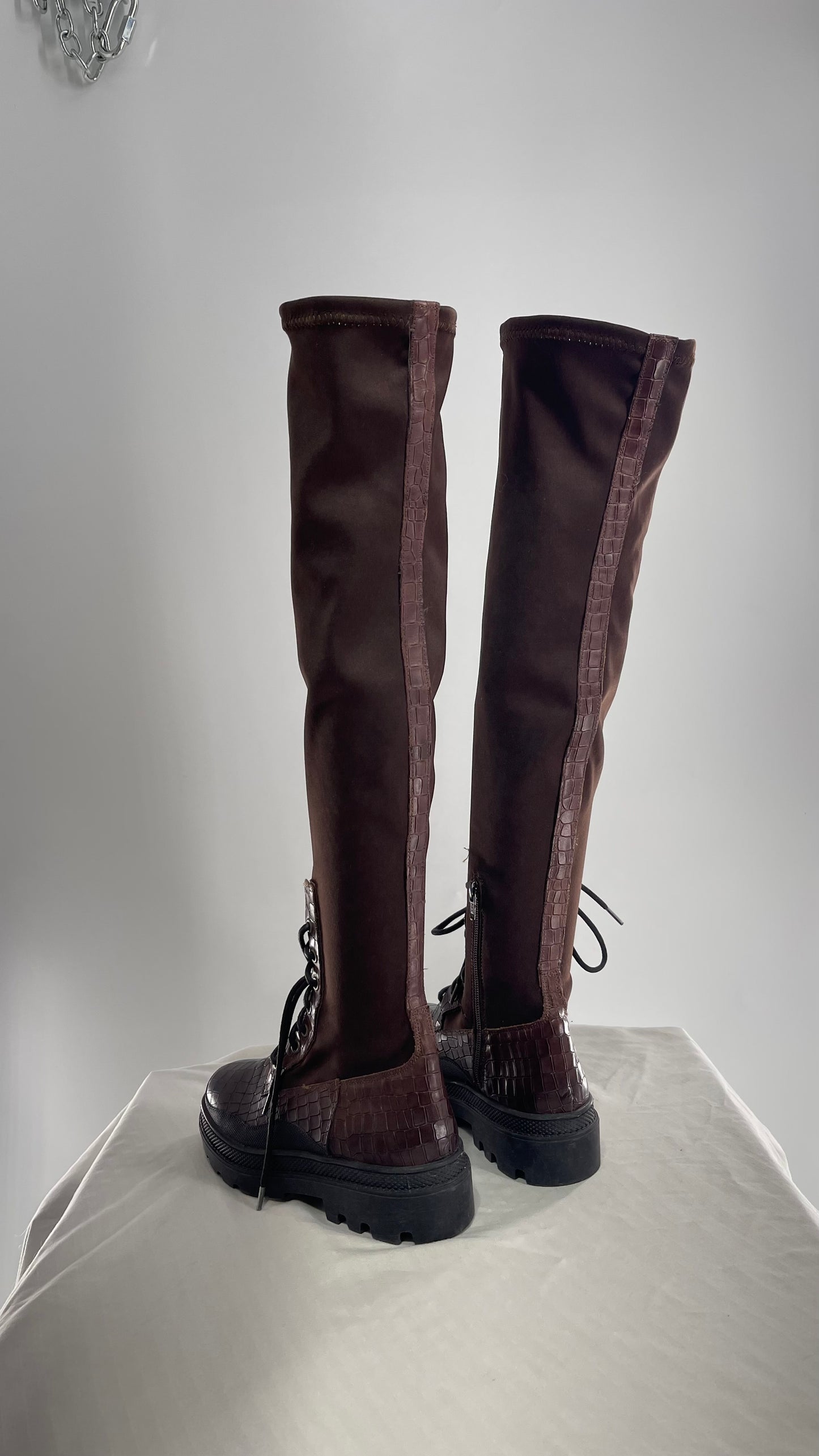 Free People Dark Brown Riding Style Embossed Knee High Platform Boots (37)