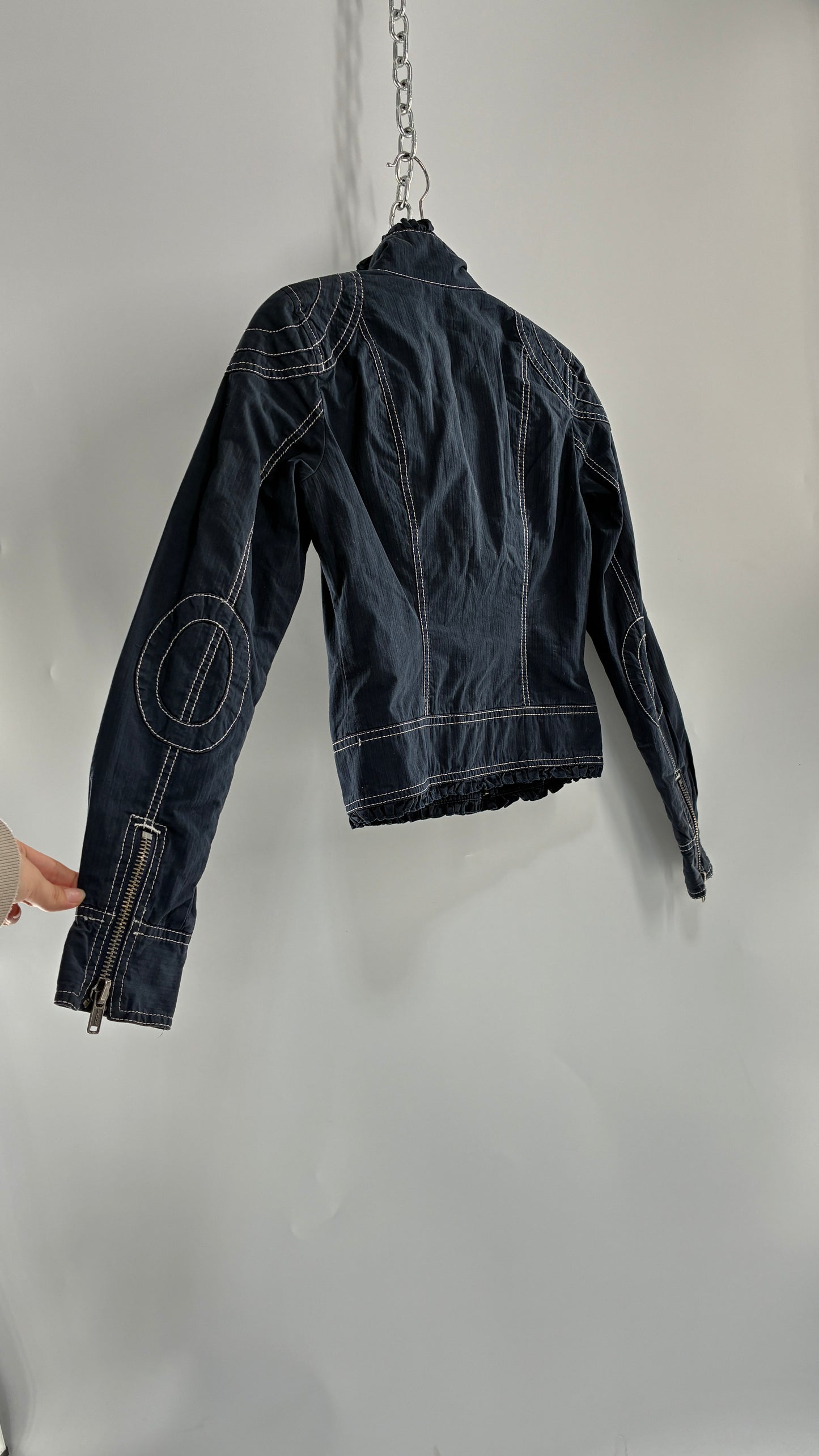 Vintage BCBGirls Navy Blue Canvas Jacket with White Stitching (2)