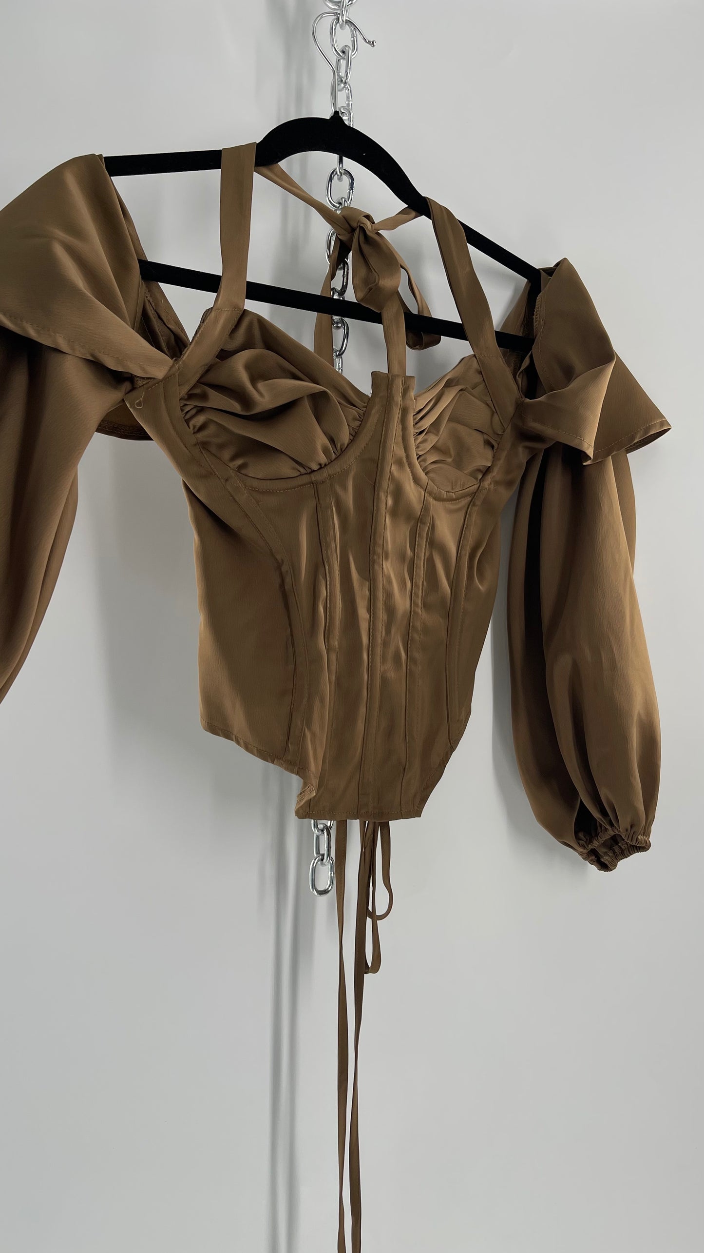 Pretty Little Thing Tan/Gold Corset Blouse with Draped Shoulders, Balloon Sleeves, Halter Strap and Lace Up Back (4)