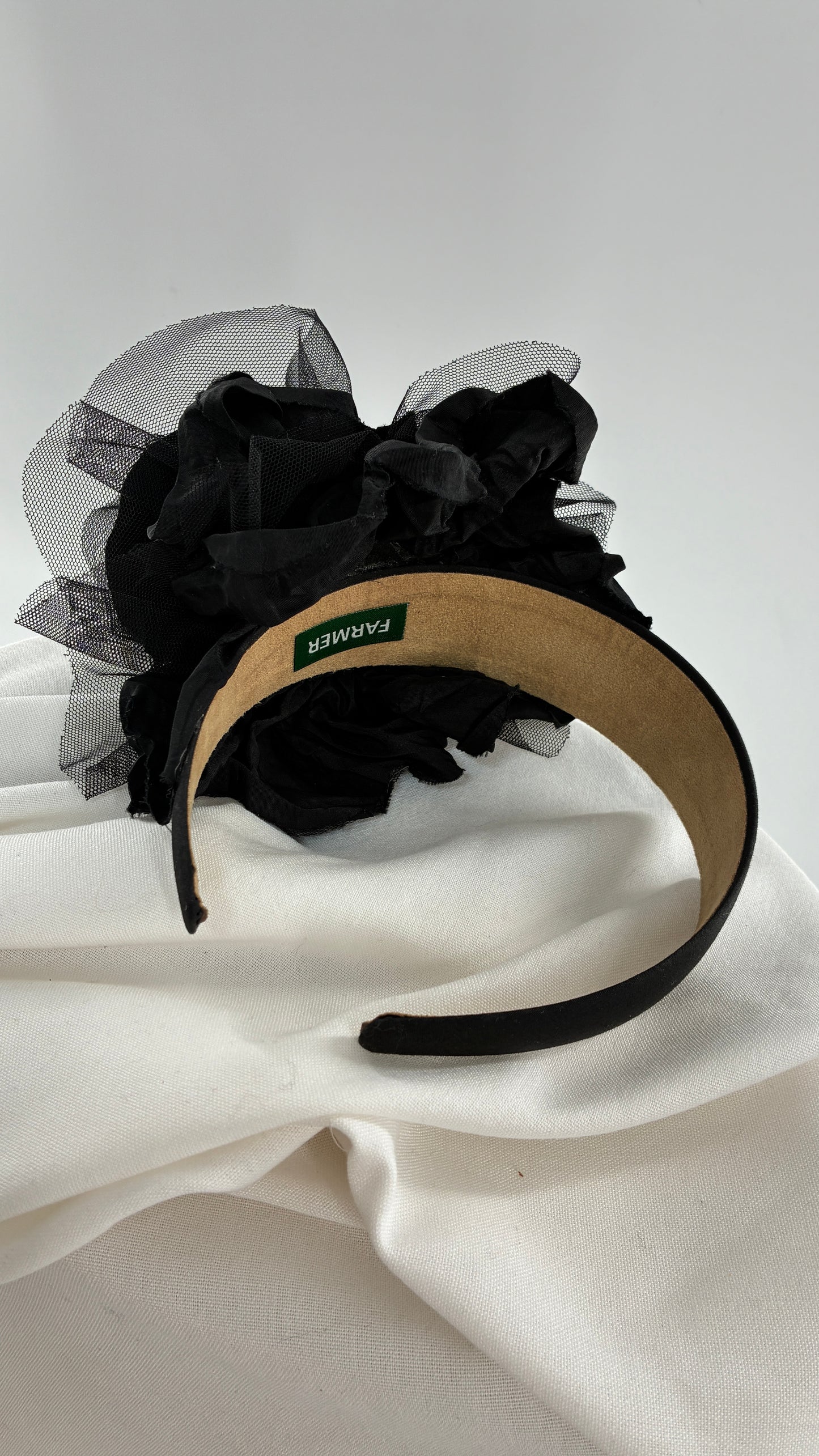 Vintage FARMER Handmade Black Thick Headband with Tulle Appliqué