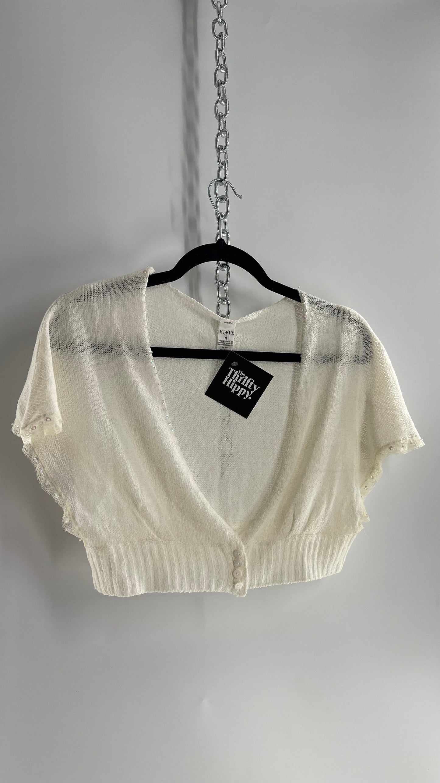 MIXIT VINTAGE White 100% Acrylic Cropped Shrug with Sequin and Button Detailing (Medium)