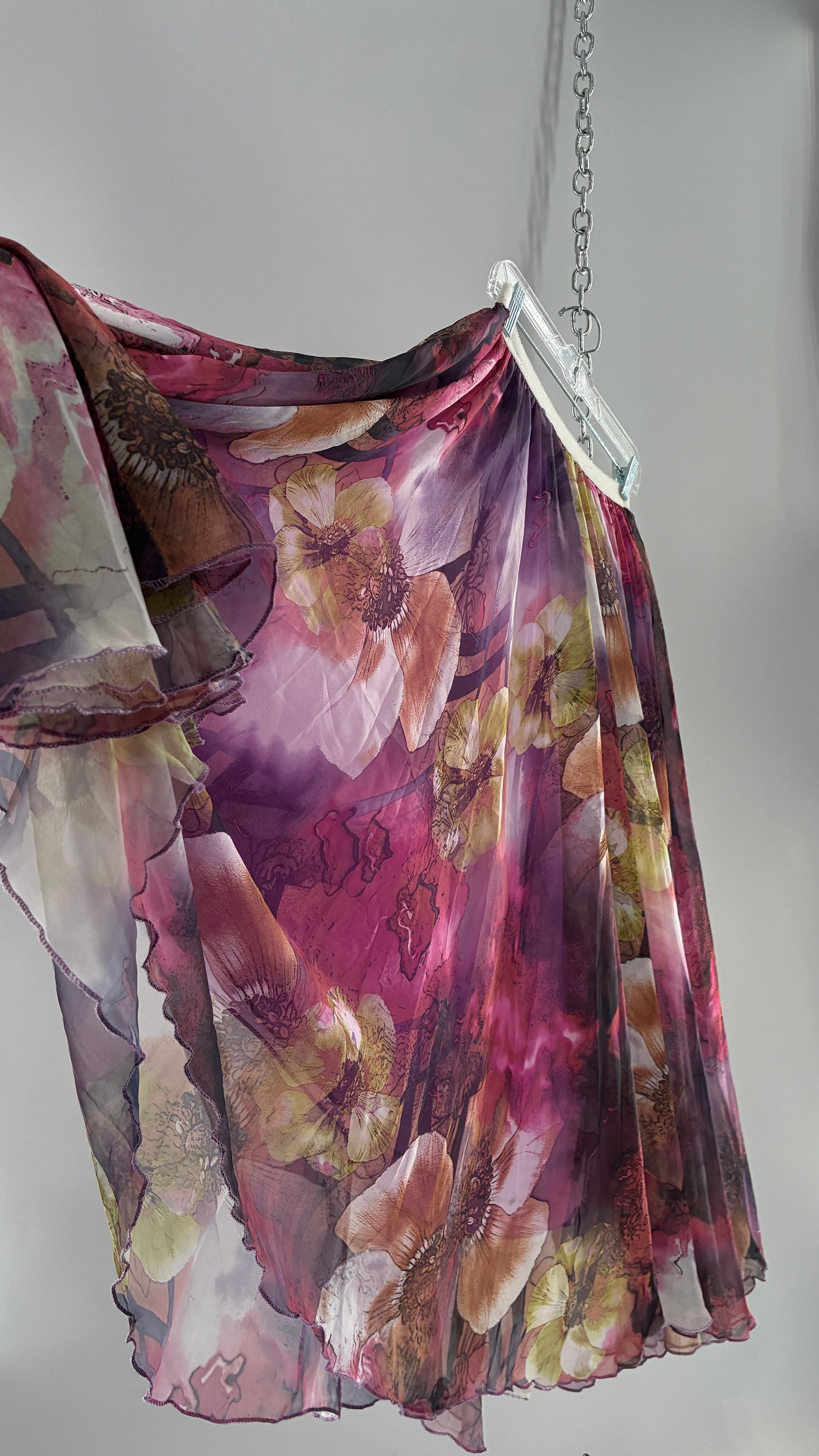 Vintage Full Length Silky Graphic Florals Skirt (Medium)