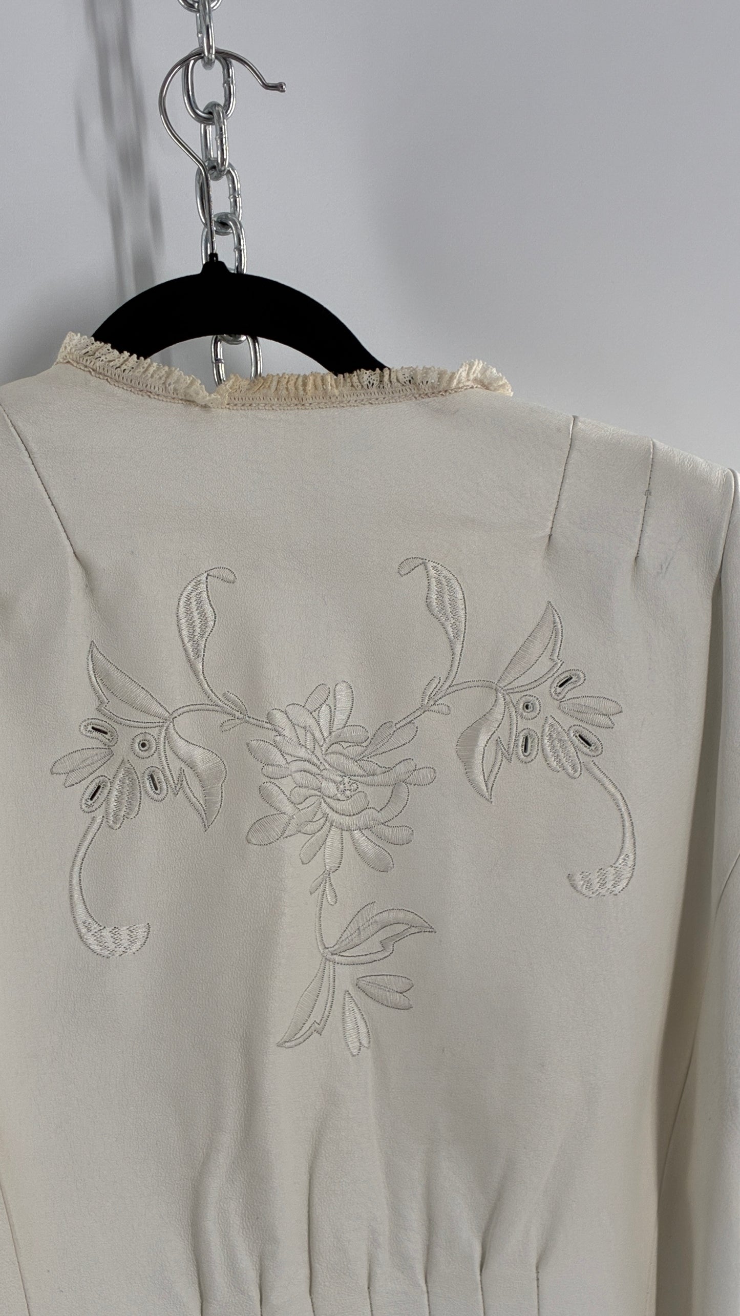 Vintage TERRY LEWIS White Leather Pleated Back, Embroidered Jacket with Lace Trim (Large)